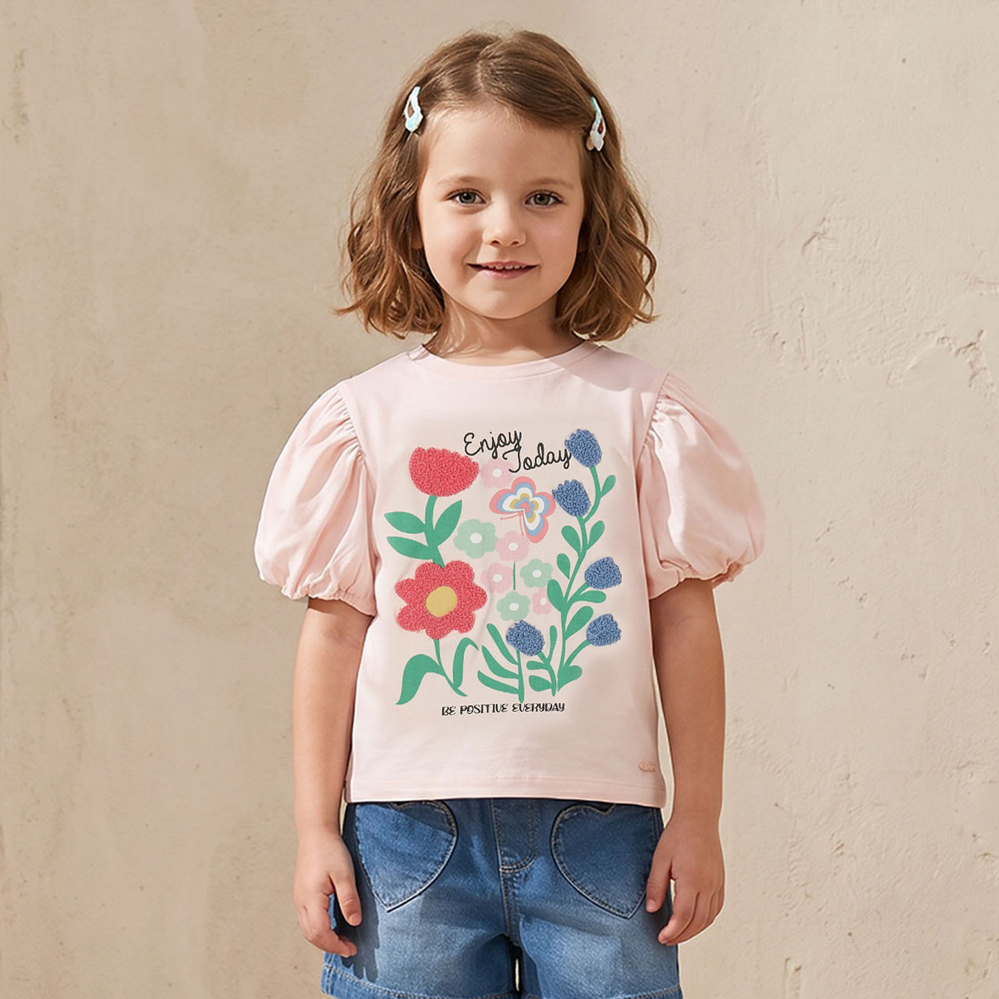 تيشيرت بطبعات أزهار وأكمام قصيرة وياقة ضيقة من لي كوبر-girls-clothing-tshirts-image-1