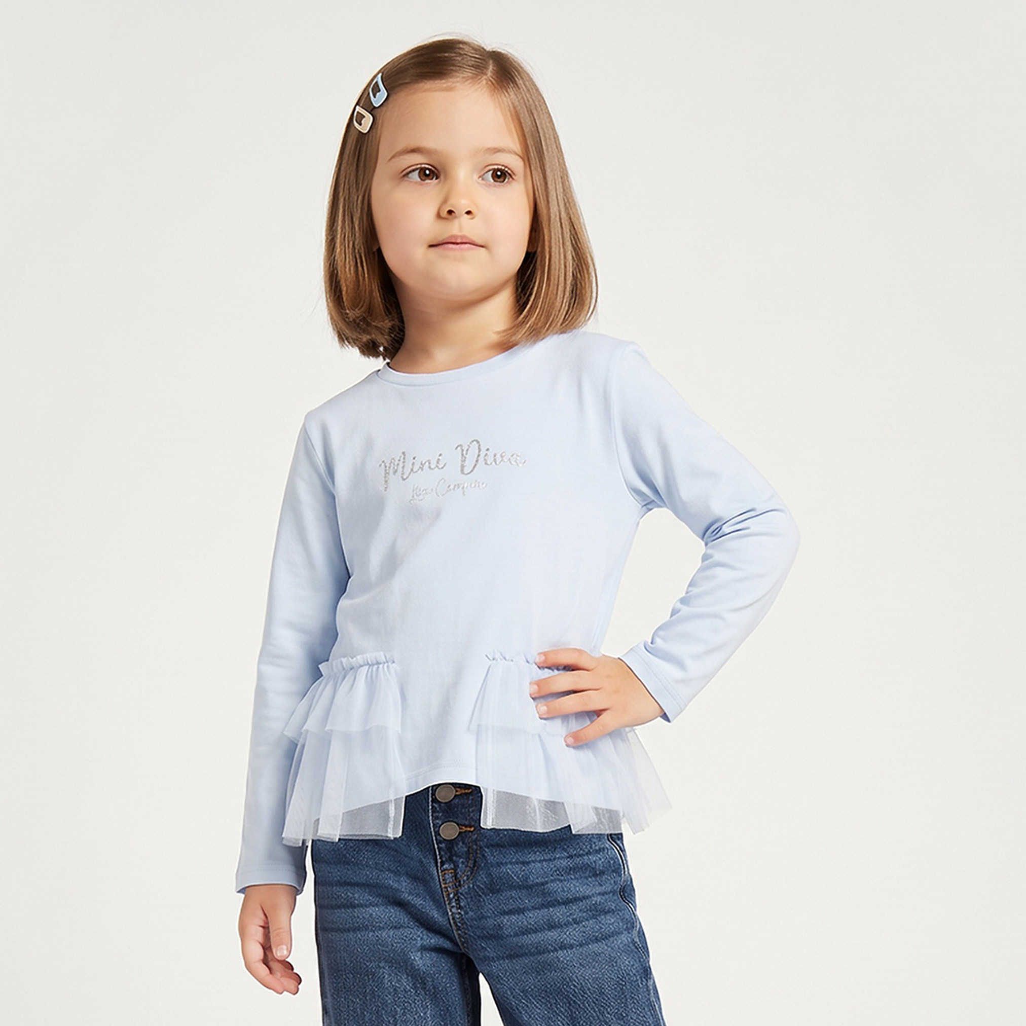 Lee Cooper Crew Neck Embroidered Peplum Top with Long Sleeves-girls-clothing-tshirts-image-1