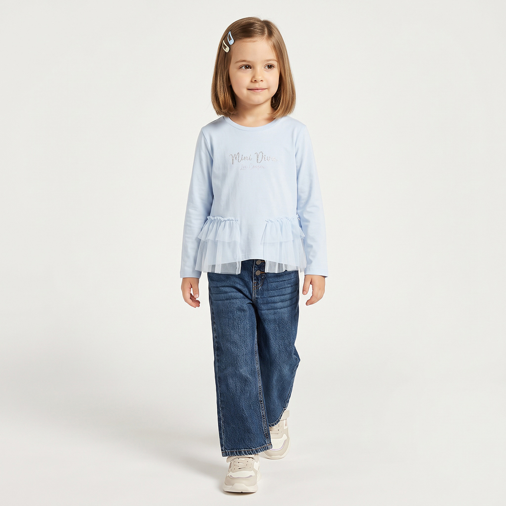 Lee Cooper Crew Neck Embroidered Peplum Top with Long Sleeves-girls-clothing-tshirts-image-2