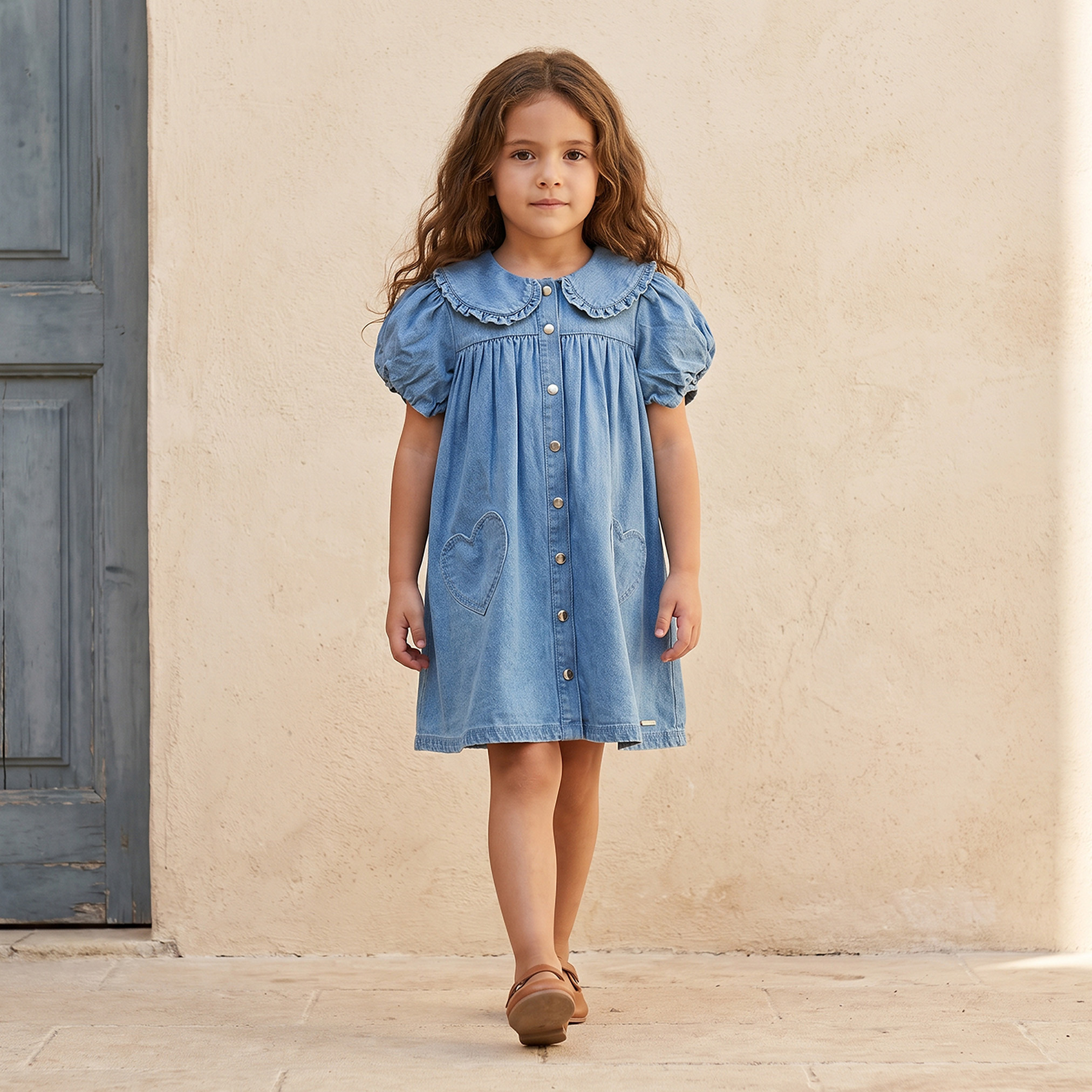 Lee Cooper Peter Pan Collar Short Sleeves Knee Length Denim Dress with Heart Pockets-girls-clothing-dressesandjumpsuits-image-1
