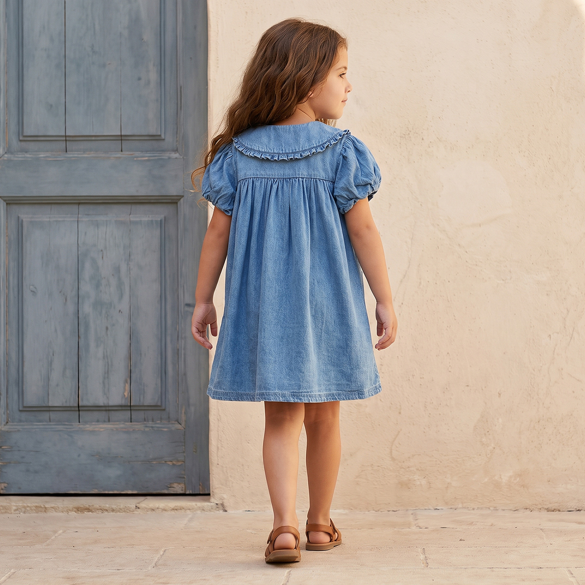 Lee Cooper Peter Pan Collar Short Sleeves Knee Length Denim Dress with Heart Pockets-girls-clothing-dressesandjumpsuits-image-2