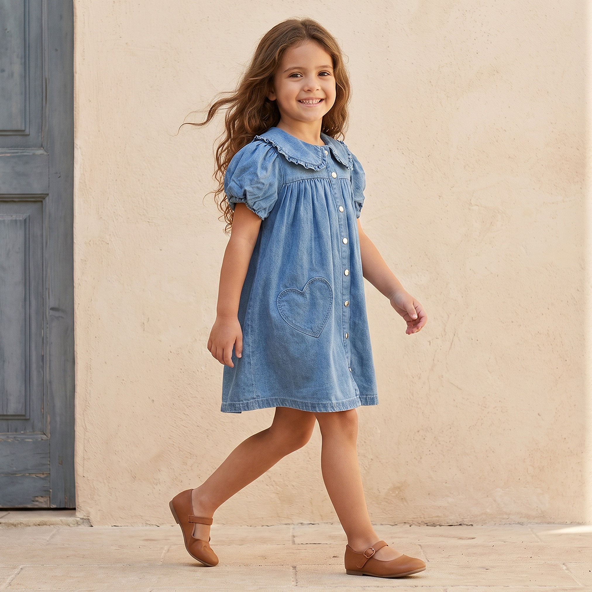 Lee Cooper Peter Pan Collar Short Sleeves Knee Length Denim Dress with Heart Pockets-girls-clothing-dressesandjumpsuits-image-4