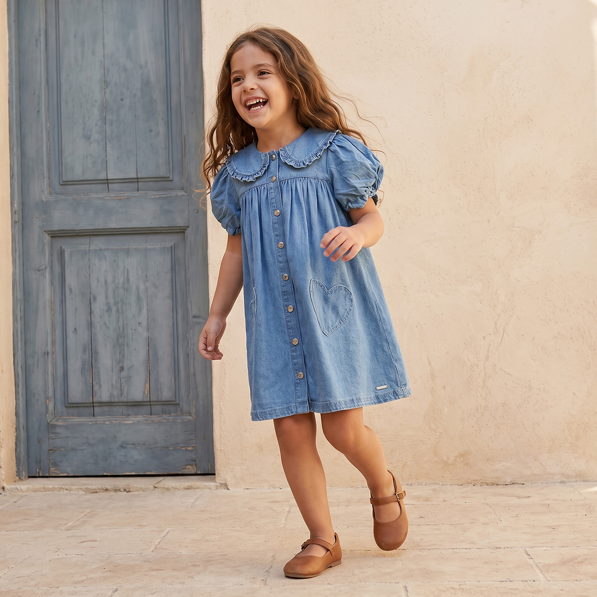 Lee Cooper Peter Pan Collar Short Sleeves Knee Length Denim Dress with Heart Pockets-girls-clothing-dressesandjumpsuits-image-5