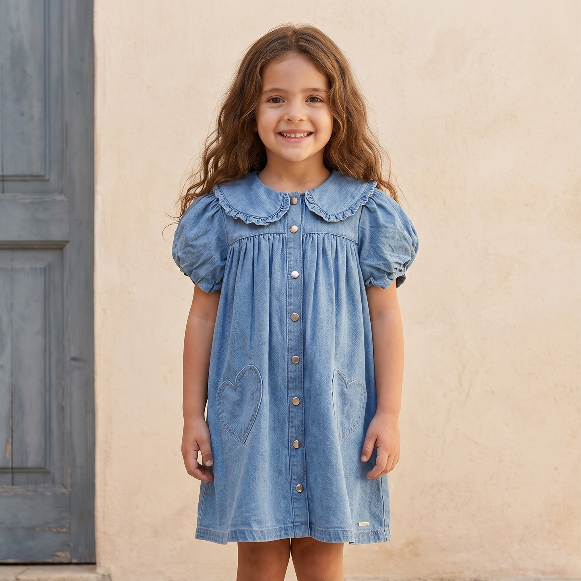 Lee Cooper Peter Pan Collar Short Sleeves Knee Length Denim Dress with Heart Pockets-girls-clothing-dressesandjumpsuits-image-6
