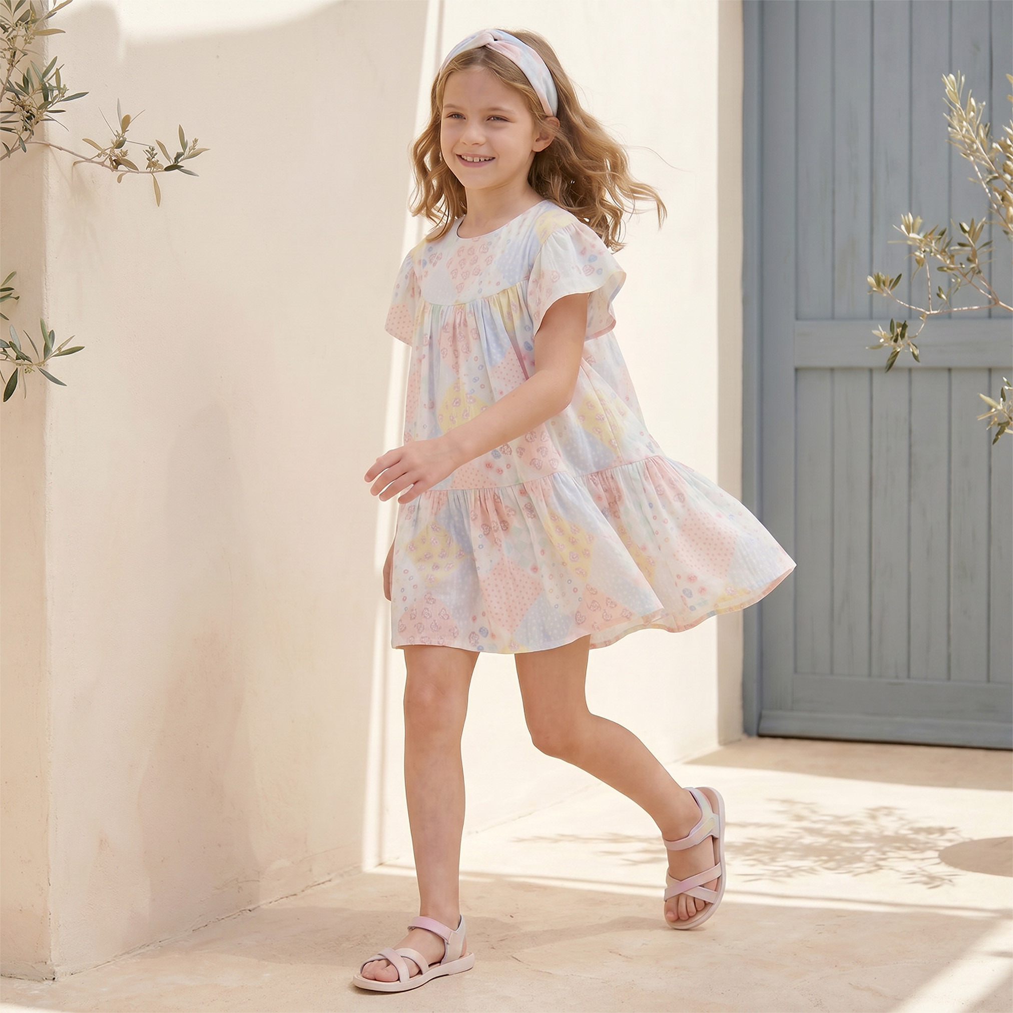 Lee Cooper Round Neck Short Sleeves Knee Length Dress with Patchwork Print-girls-clothing-dressesandjumpsuits-image-1