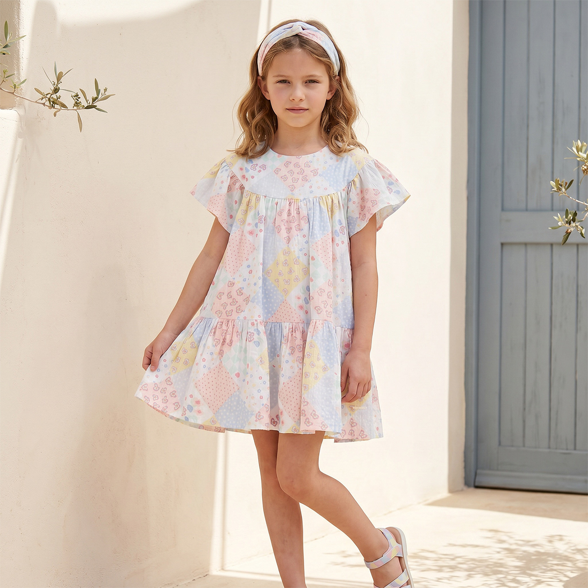 Lee Cooper Round Neck Short Sleeves Knee Length Dress with Patchwork Print-girls-clothing-dressesandjumpsuits-image-4