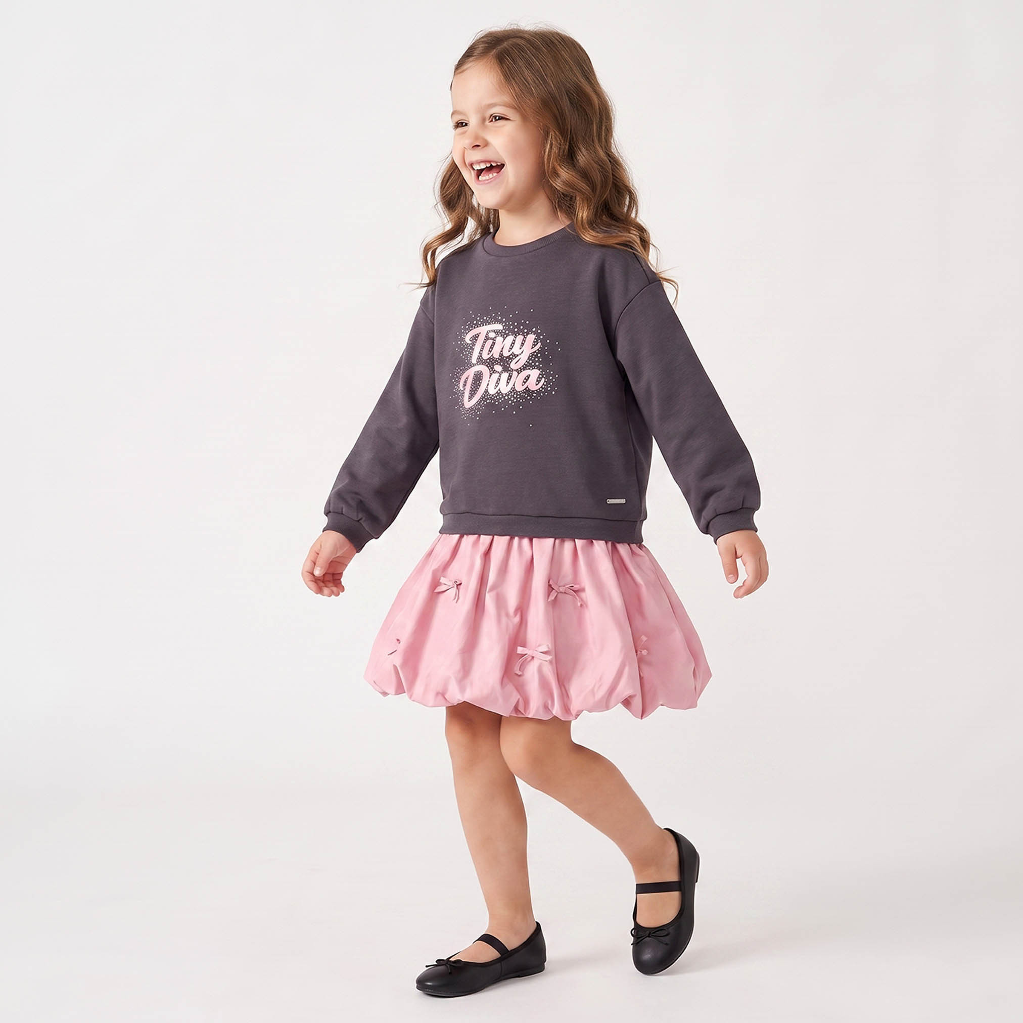 فستان سويت شيرت بياقة مستديرة وأكمام طويلة بطول الركبة مع تطريز من لي كوبر-girls-clothing-dressesandjumpsuits-image-1