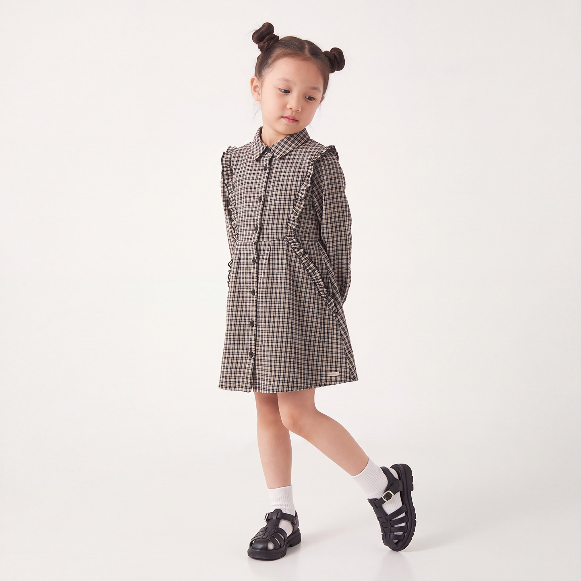 Lee Cooper Collared Long Sleeves Knee Length Shirt Dress with Checks-girls-clothing-dressesandjumpsuits-image-1