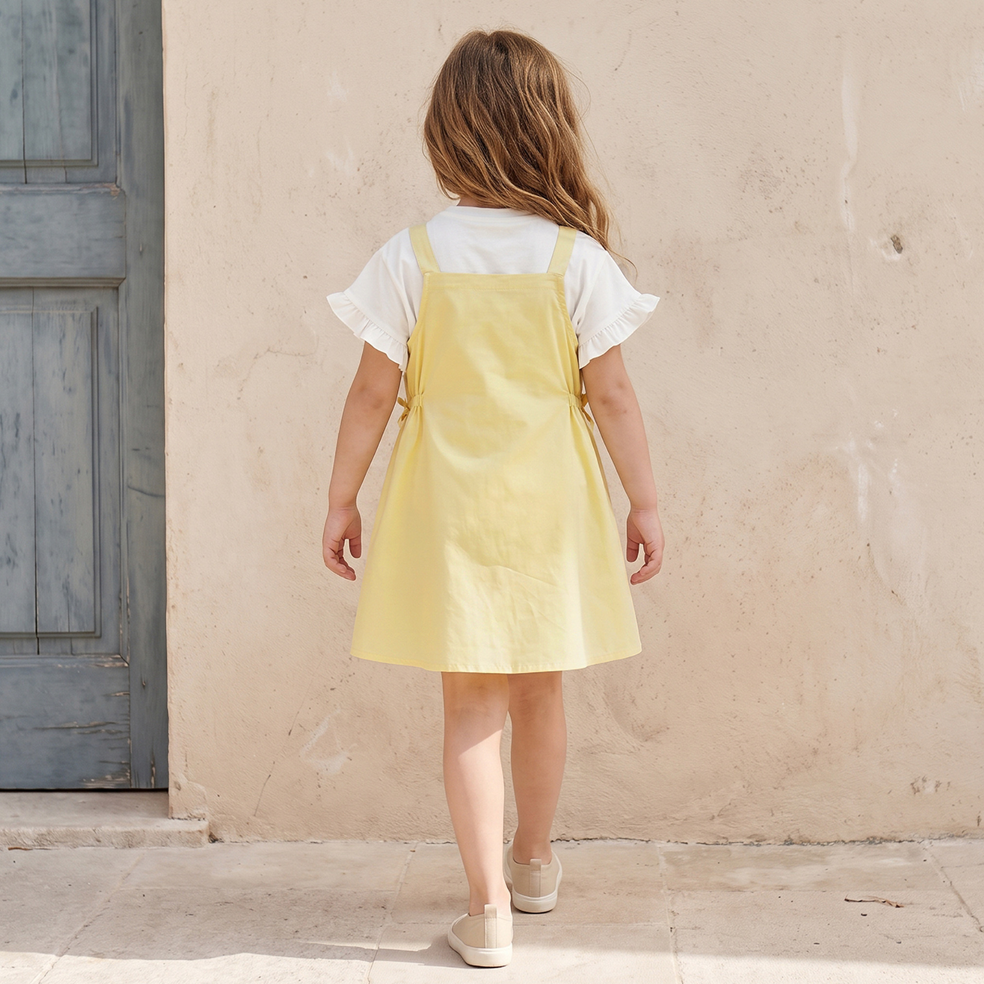 طقم فستان مريلة وتيشيرت برقبة مستديرة وأكمام قصيرة وتطريزات من لي كوبر-girls-clothing-dressesandjumpsuits-image-2