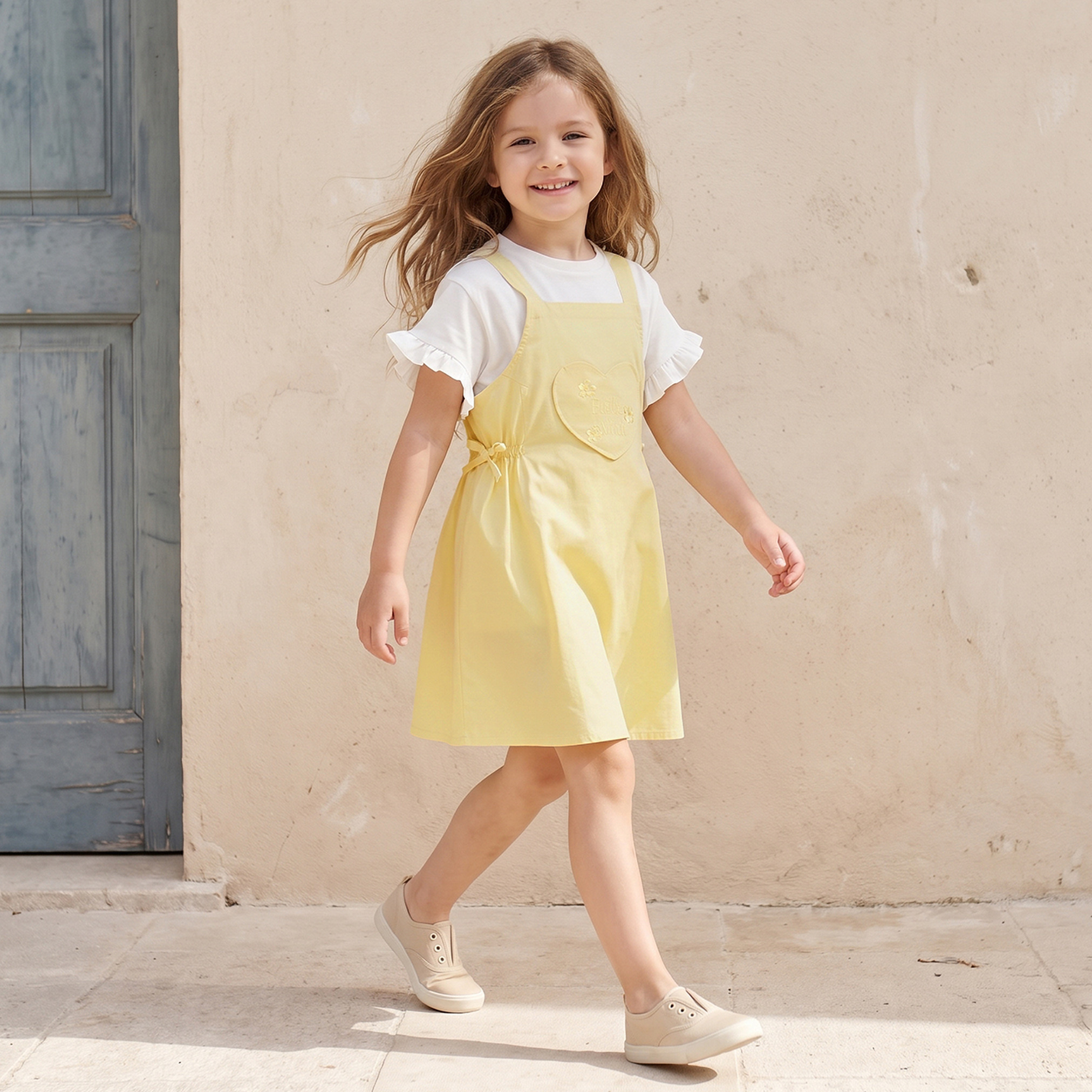 طقم فستان مريلة وتيشيرت برقبة مستديرة وأكمام قصيرة وتطريزات من لي كوبر-girls-clothing-dressesandjumpsuits-image-4