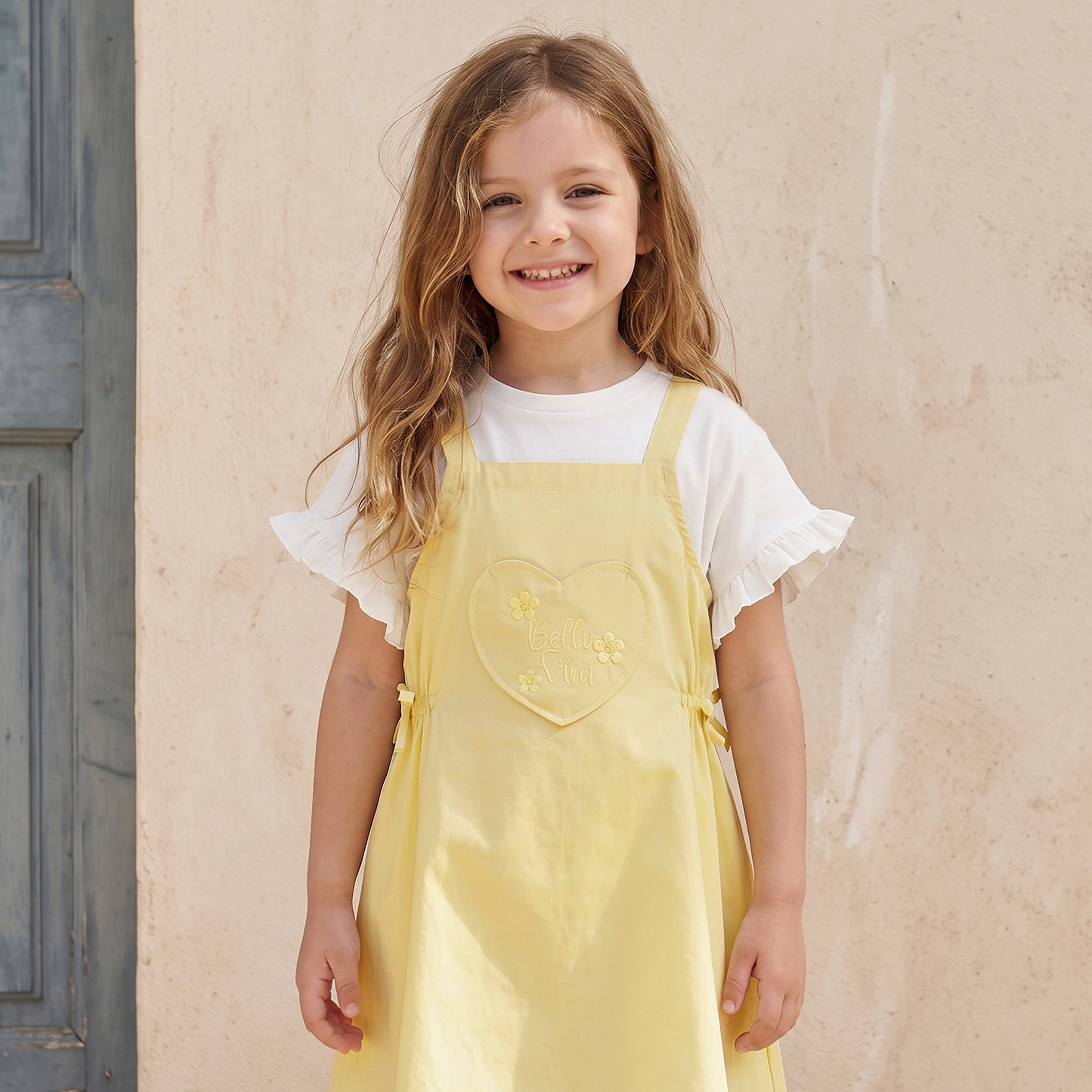 طقم فستان مريلة وتيشيرت برقبة مستديرة وأكمام قصيرة وتطريزات من لي كوبر-girls-clothing-dressesandjumpsuits-image-6