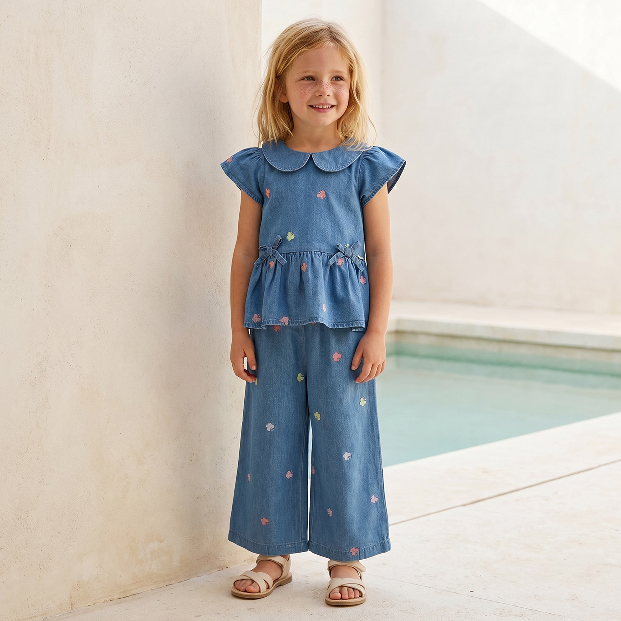 Lee Cooper Collared Short Sleeves Denim Top and Pants Set with Embroidery-baby-girls-clothing-setsandcoords-image-1