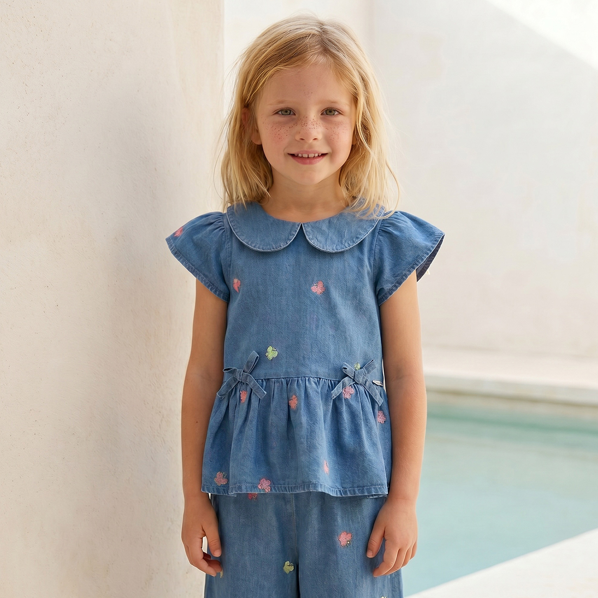 Lee Cooper Collared Short Sleeves Denim Top and Pants Set with Embroidery-baby-girls-clothing-setsandcoords-image-2