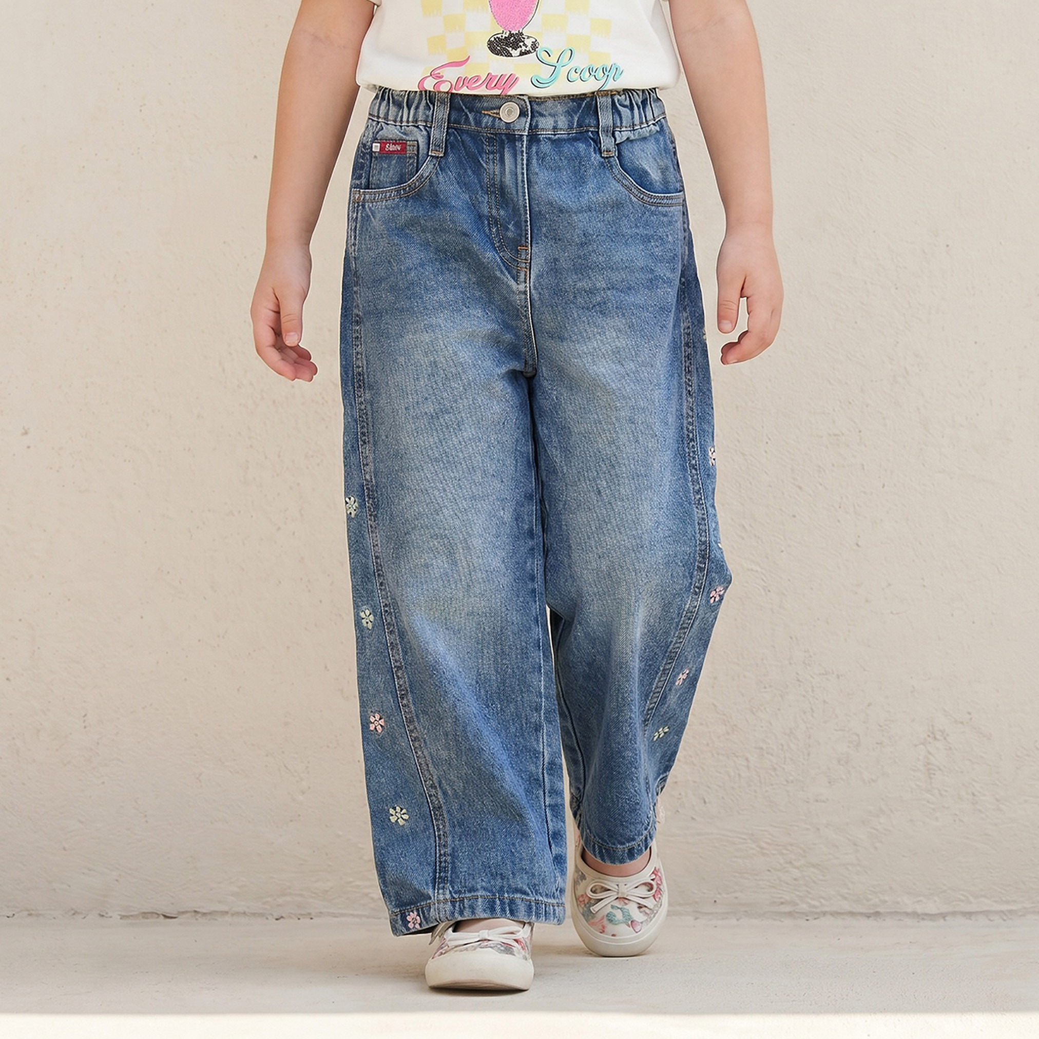 Lee Cooper Wide Leg Jeans with Floral Embroidery-baby-girls-clothing-bottoms-jeans-image-1