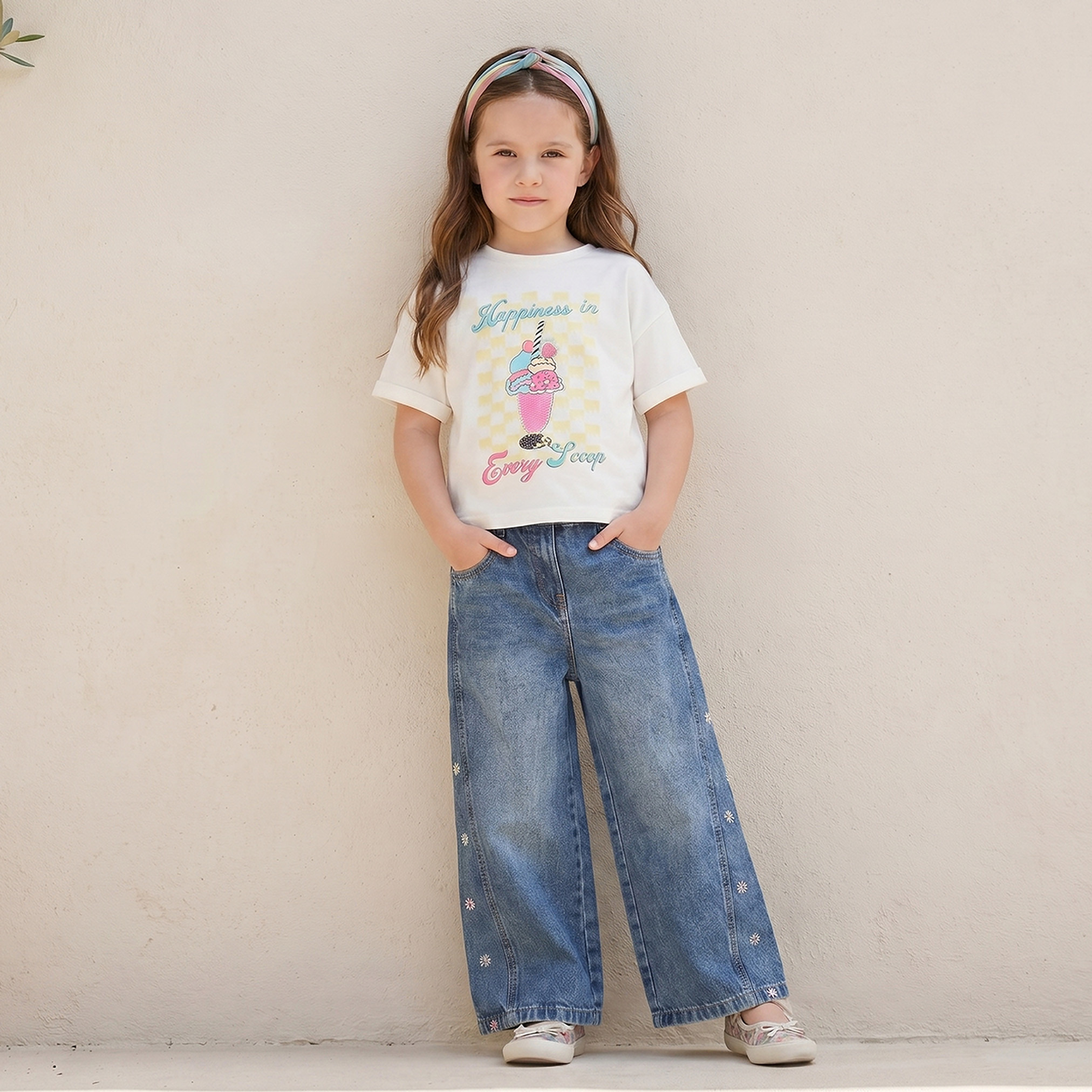 Lee Cooper Wide Leg Jeans with Floral Embroidery-baby-girls-clothing-bottoms-jeans-image-2
