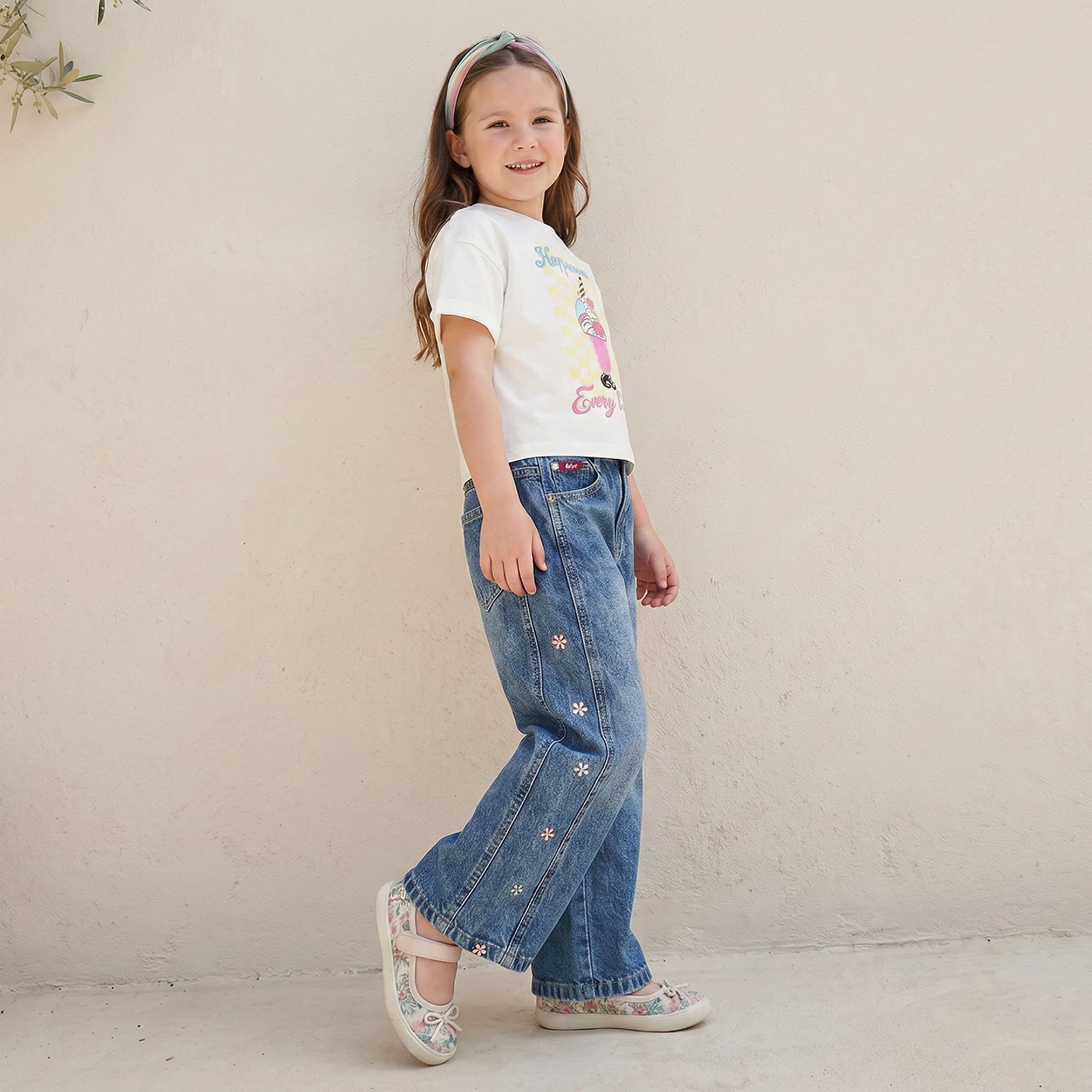 Lee Cooper Wide Leg Jeans with Floral Embroidery-baby-girls-clothing-bottoms-jeans-image-5