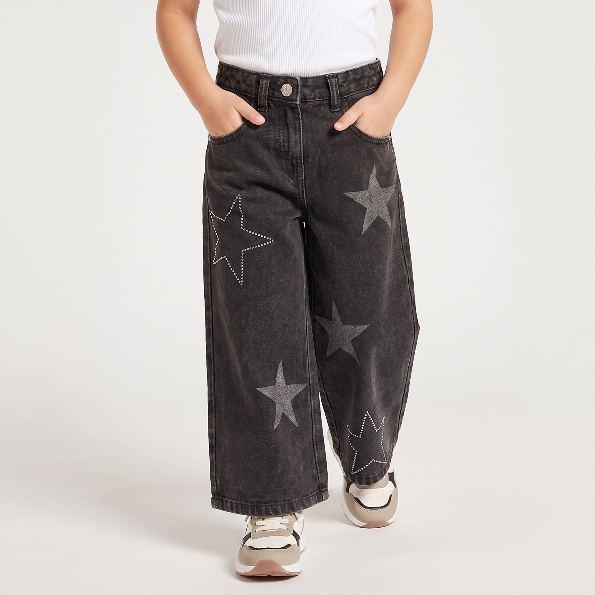 Lee Cooper Mid-Rise Wide Leg Jeans with Star Print-baby-girls-clothing-bottoms-jeans-image-1