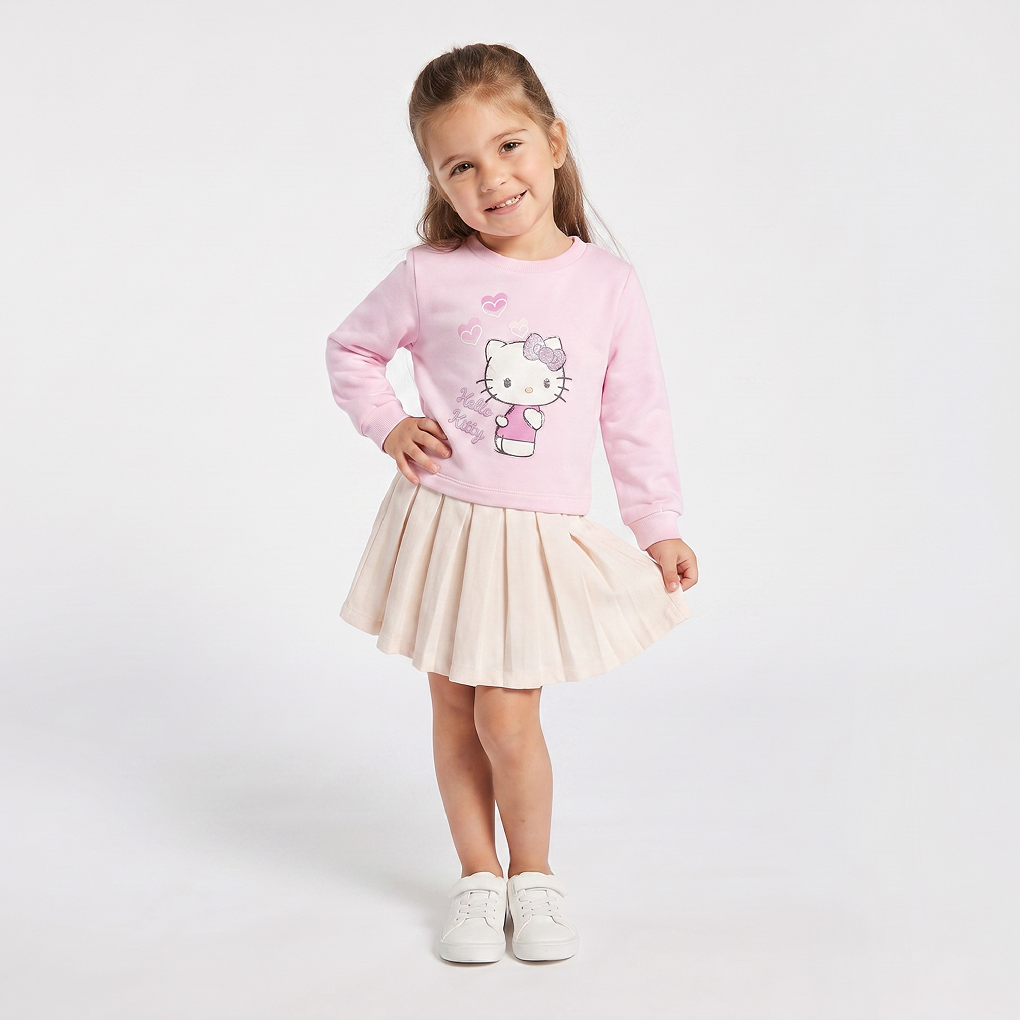 Sanrio Round Neck Long Sleeves Knee Length Dress with Hello Kitty Print-girls-clothing-dressesandjumpsuits-image-1