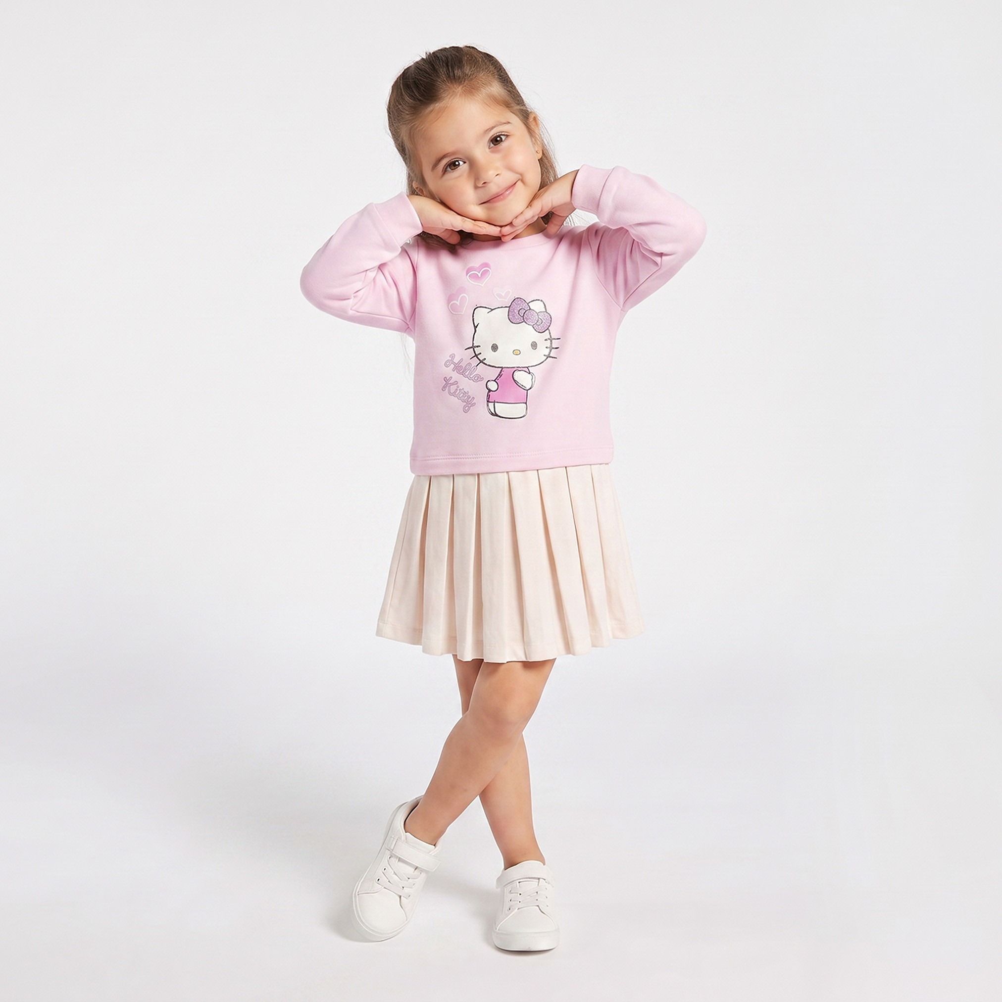 Sanrio Round Neck Long Sleeves Knee Length Dress with Hello Kitty Print-girls-clothing-dressesandjumpsuits-image-7