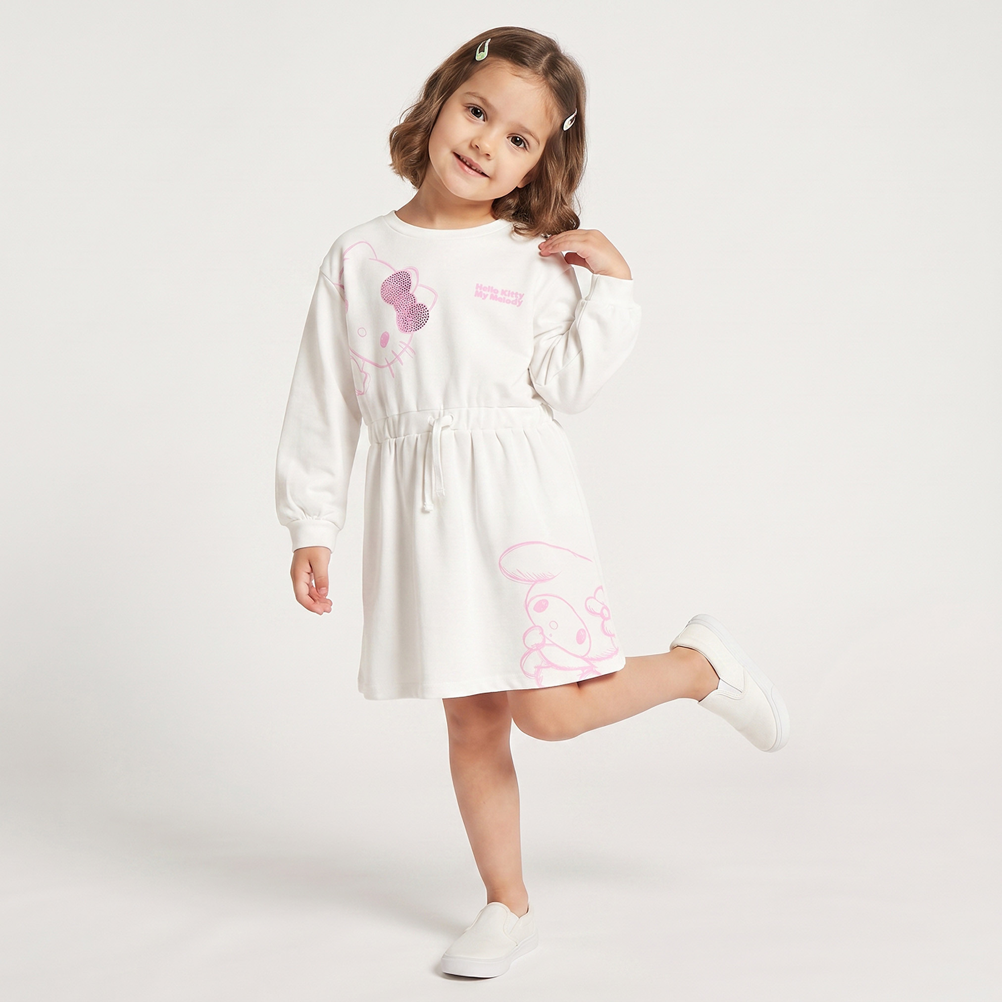 Sanrio Round Neck Long Sleeves Knee Length Dress with Hello Kitty and My Melody Print-girls-clothing-dressesandjumpsuits-image-1
