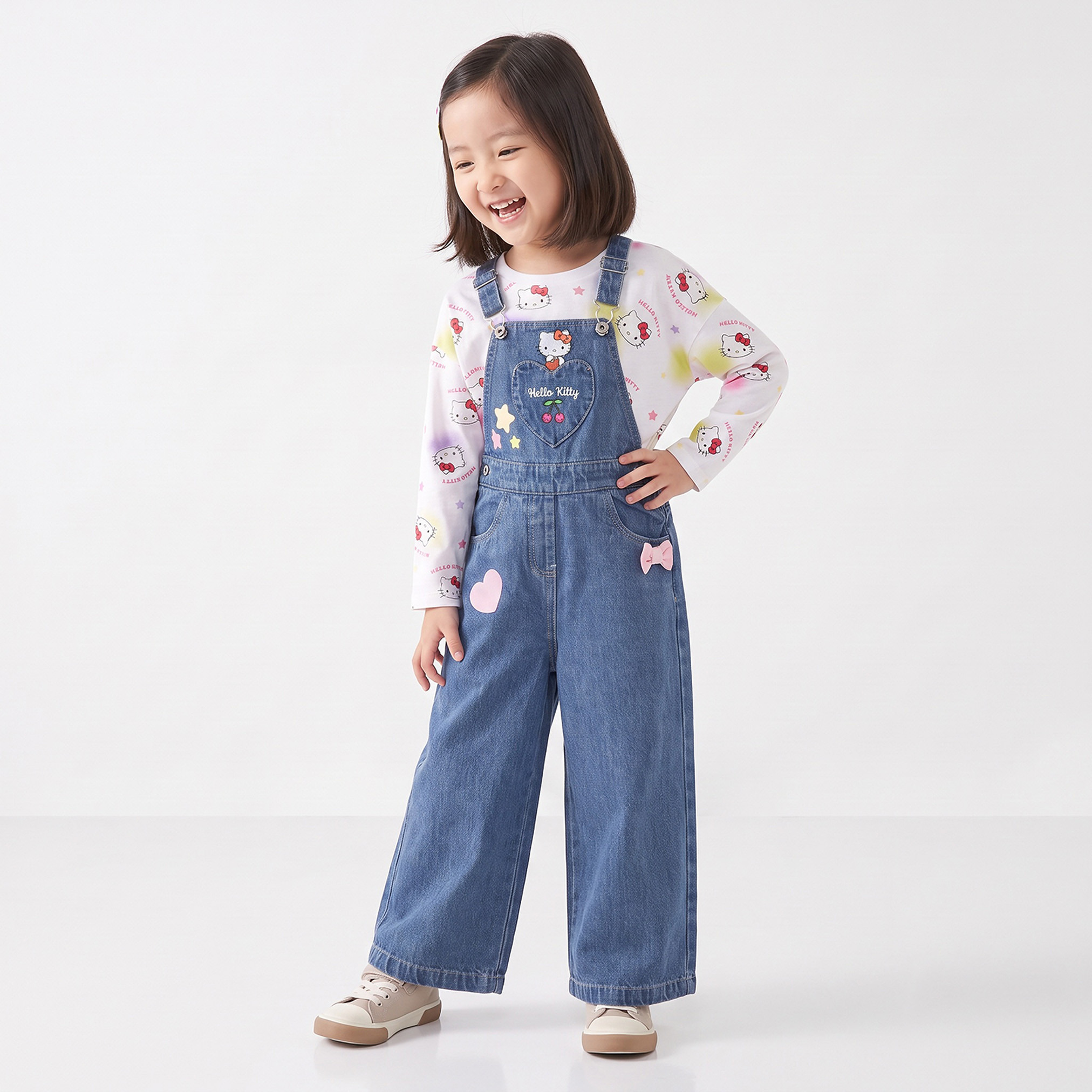 Sanrio Crew Neck Long Sleeves T-shirt and Dungaree Set with Hello Kitty Print-baby-girls-clothing-setsandcoords-image-1