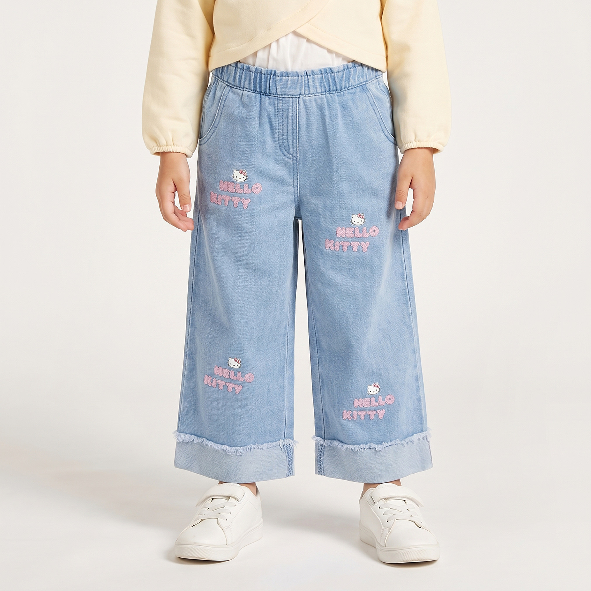 Sanrio Elasticated Waist Wide Leg Jeans with Hello Kitty Embroidery-baby-girls-clothing-bottoms-jeans-image-1