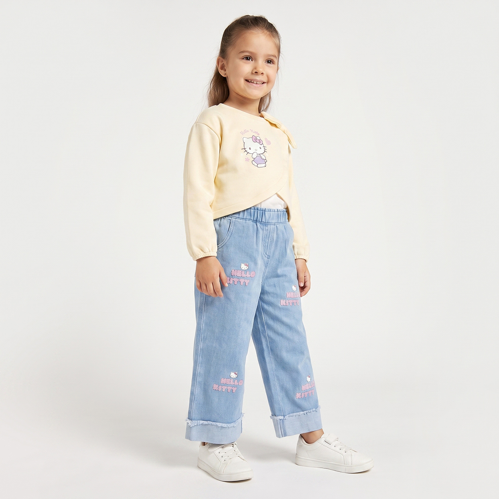 Sanrio Elasticated Waist Wide Leg Jeans with Hello Kitty Embroidery-baby-girls-clothing-bottoms-jeans-image-2