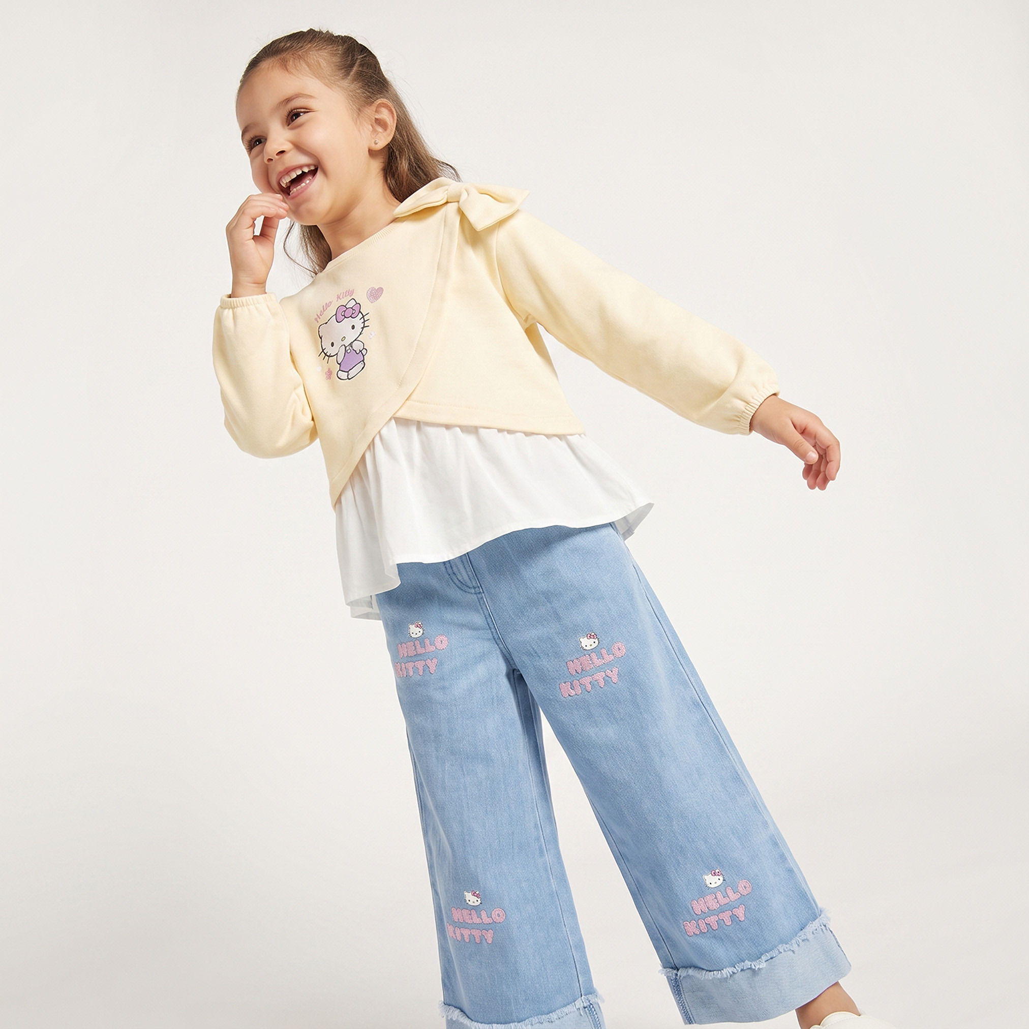 Sanrio Elasticated Waist Wide Leg Jeans with Hello Kitty Embroidery-baby-girls-clothing-bottoms-jeans-image-6