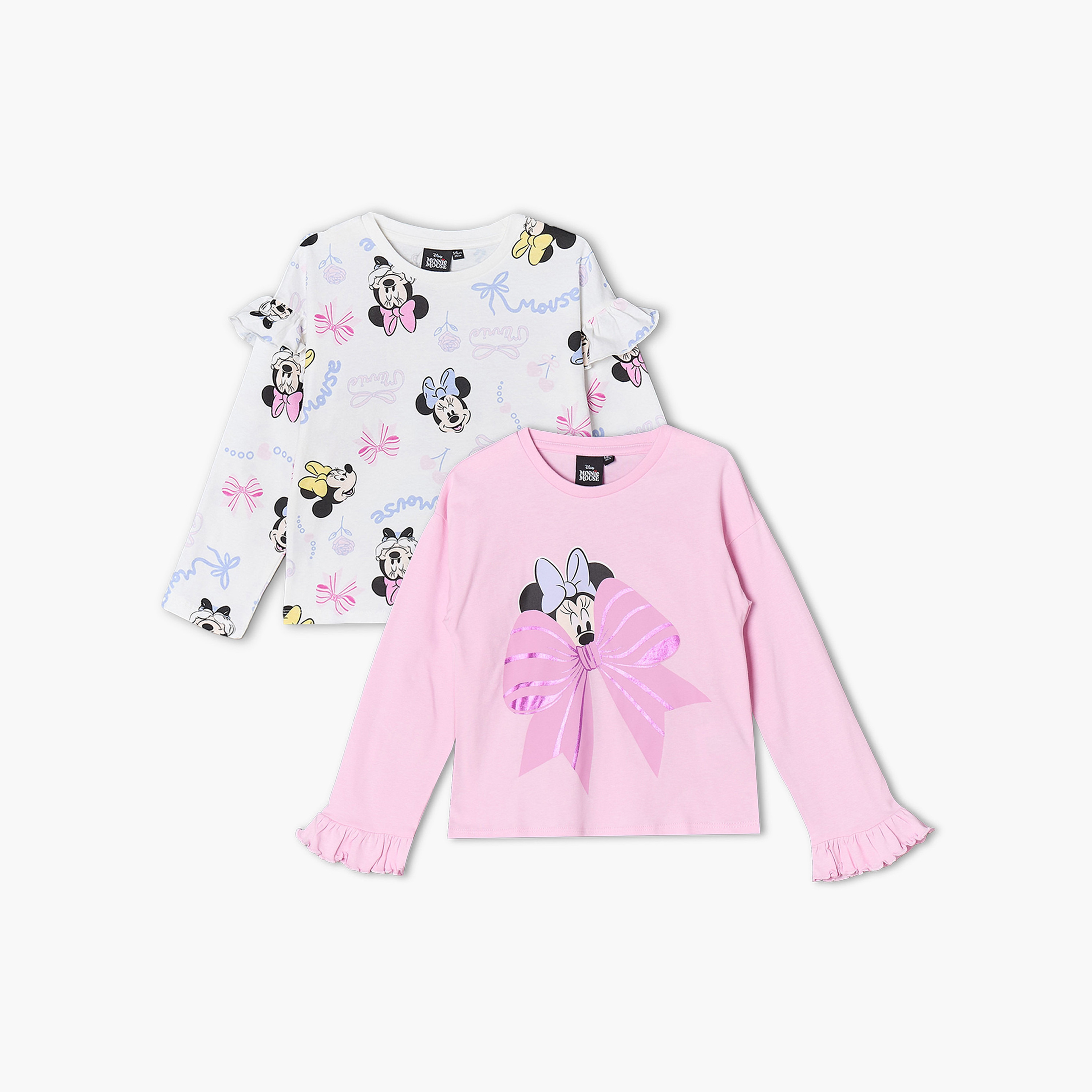 تيشيرت بياقة ضيقة وأكمام طويلة بطبعات ميني ماوس من ديزني - عبوة من قطعتين-girls-clothing-tshirts-image-1