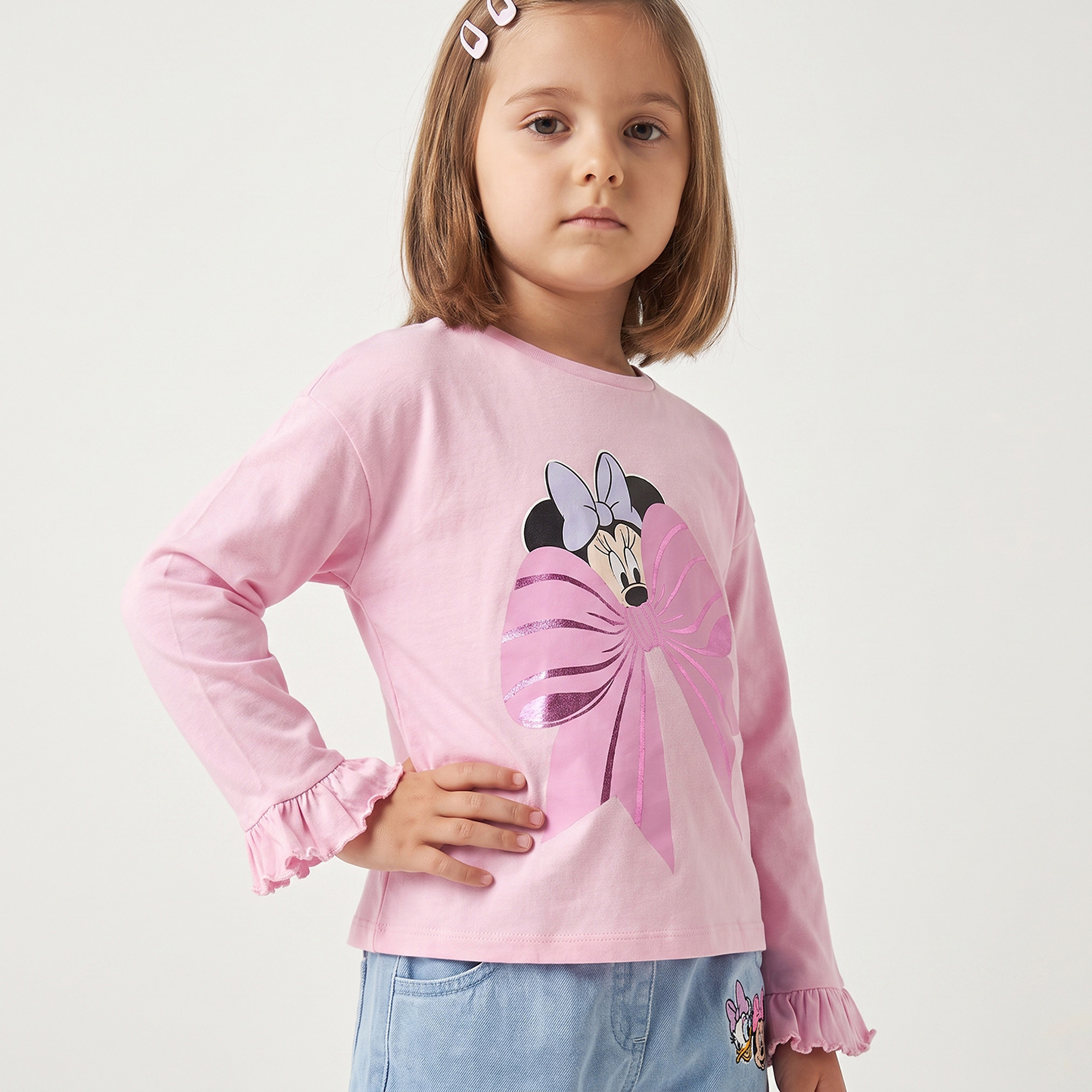 تيشيرت بياقة ضيقة وأكمام طويلة بطبعات ميني ماوس من ديزني - عبوة من قطعتين-girls-clothing-tshirts-image-2