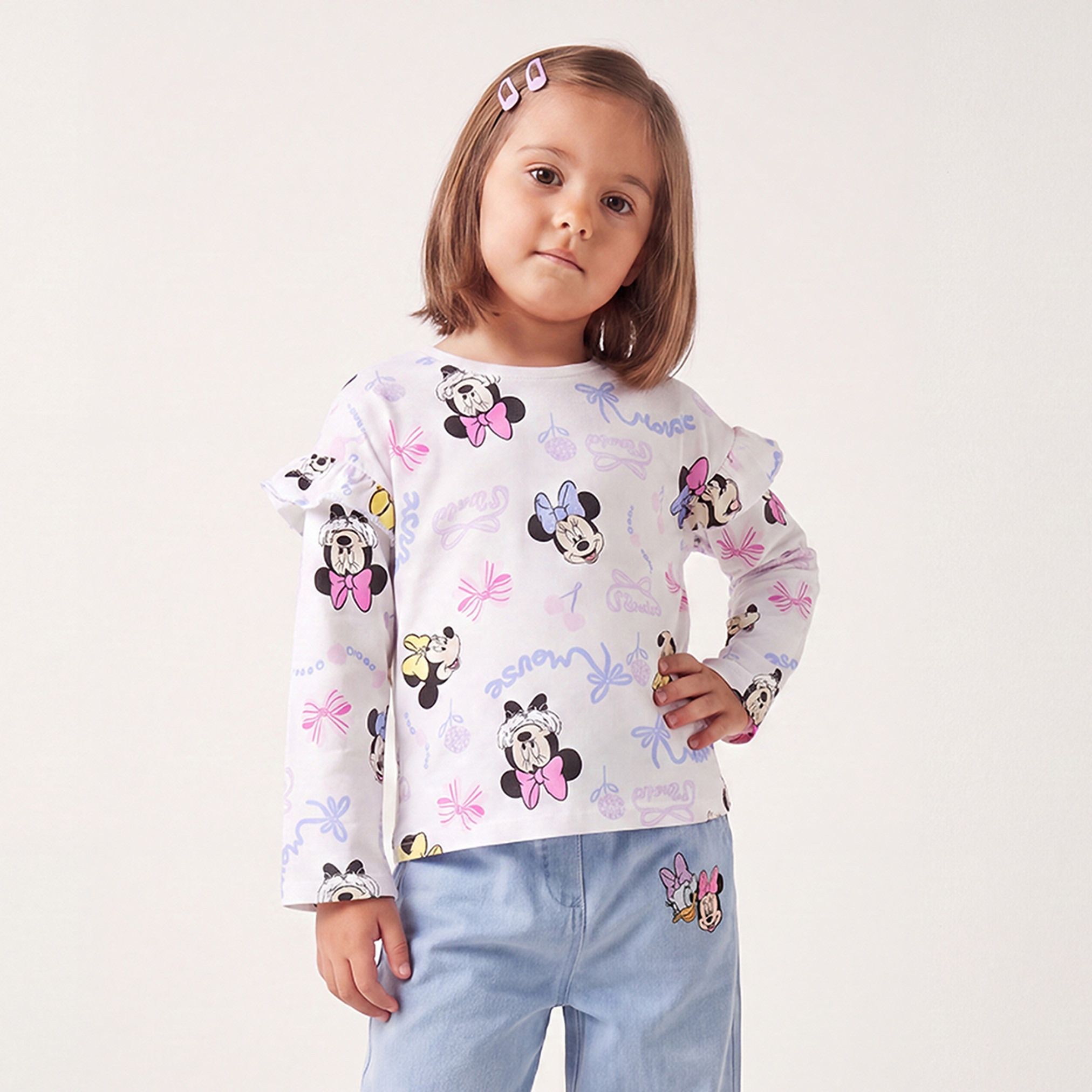 تيشيرت بياقة ضيقة وأكمام طويلة بطبعات ميني ماوس من ديزني - عبوة من قطعتين-girls-clothing-tshirts-image-3