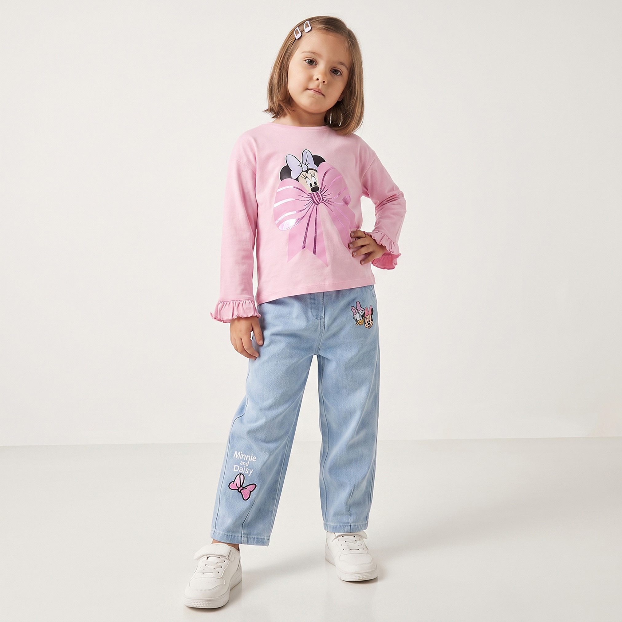 تيشيرت بياقة ضيقة وأكمام طويلة بطبعات ميني ماوس من ديزني - عبوة من قطعتين-girls-clothing-tshirts-image-4