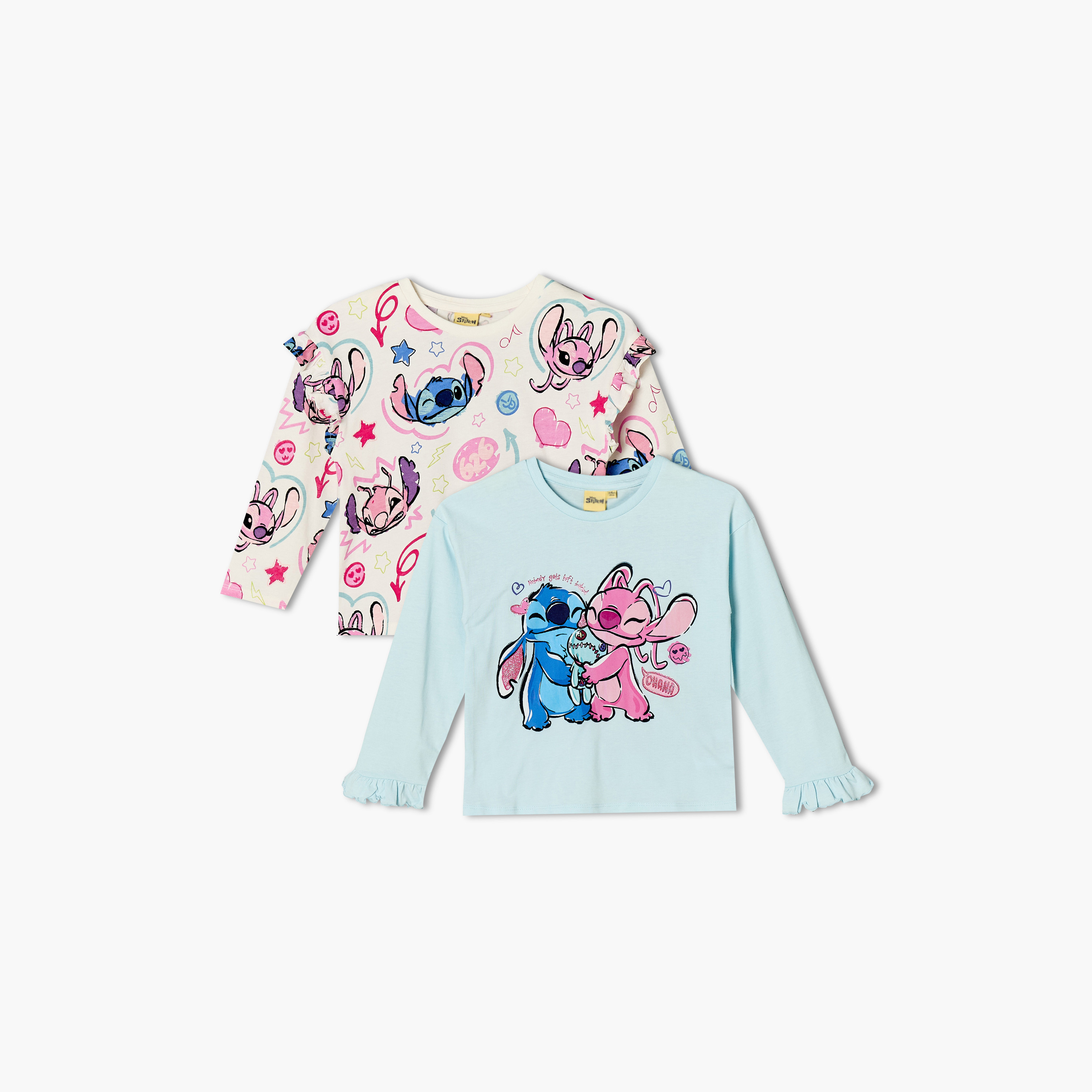 Pack of 2 Disney Round Neck Long Sleeves T-shirt with Stitch Print-girls-clothing-tshirts-image-1