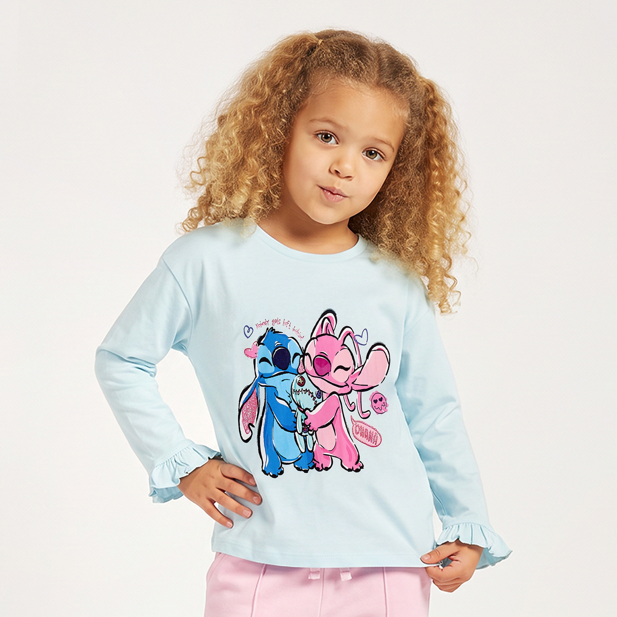 Pack of 2 Disney Round Neck Long Sleeves T-shirt with Stitch Print-girls-clothing-tshirts-image-3
