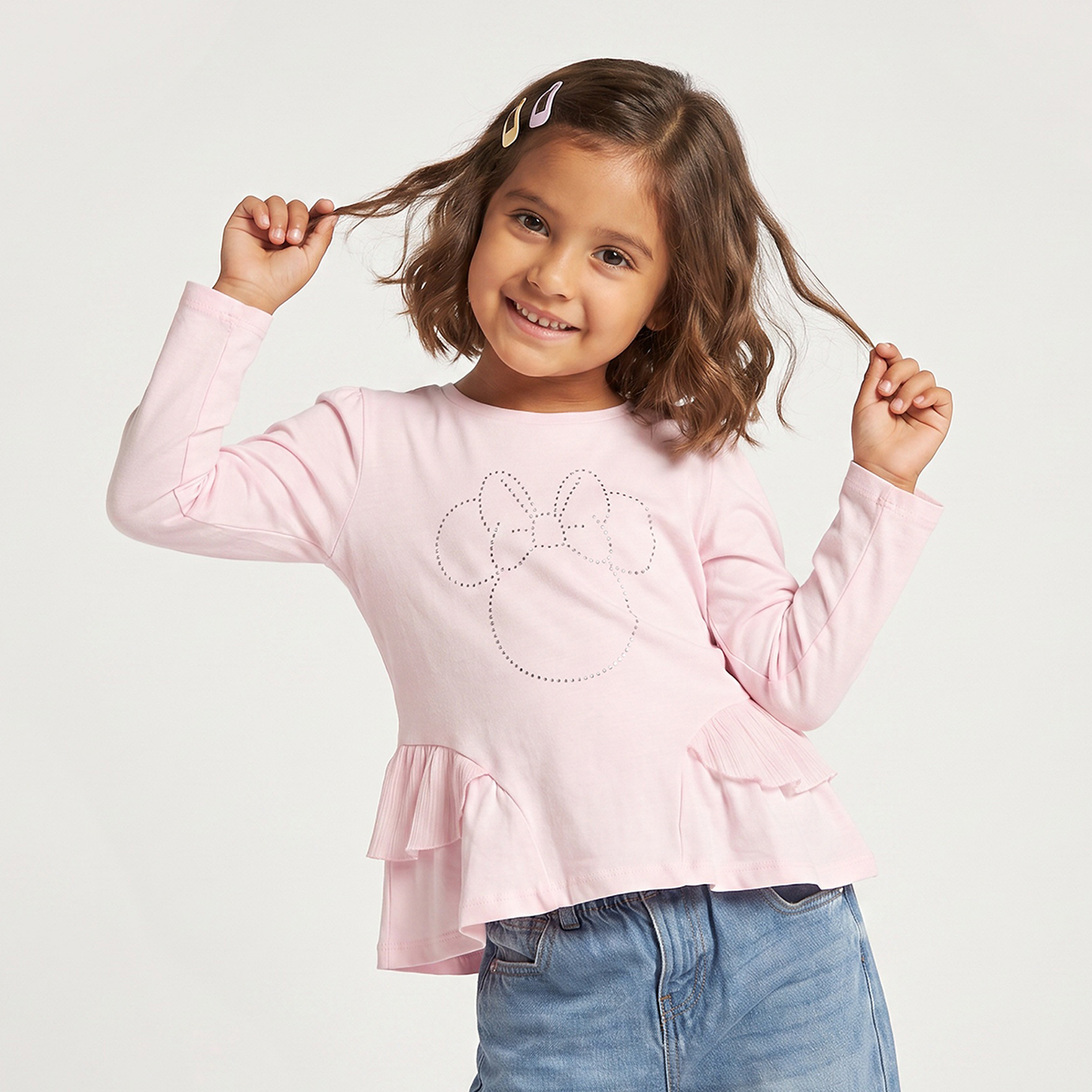 بلوزة بيبلوم بياقة مستديرة وأكمام طويلة وتفاصيل ميني ماوس من ديزني-girls-clothing-blousesandshirts-image-1