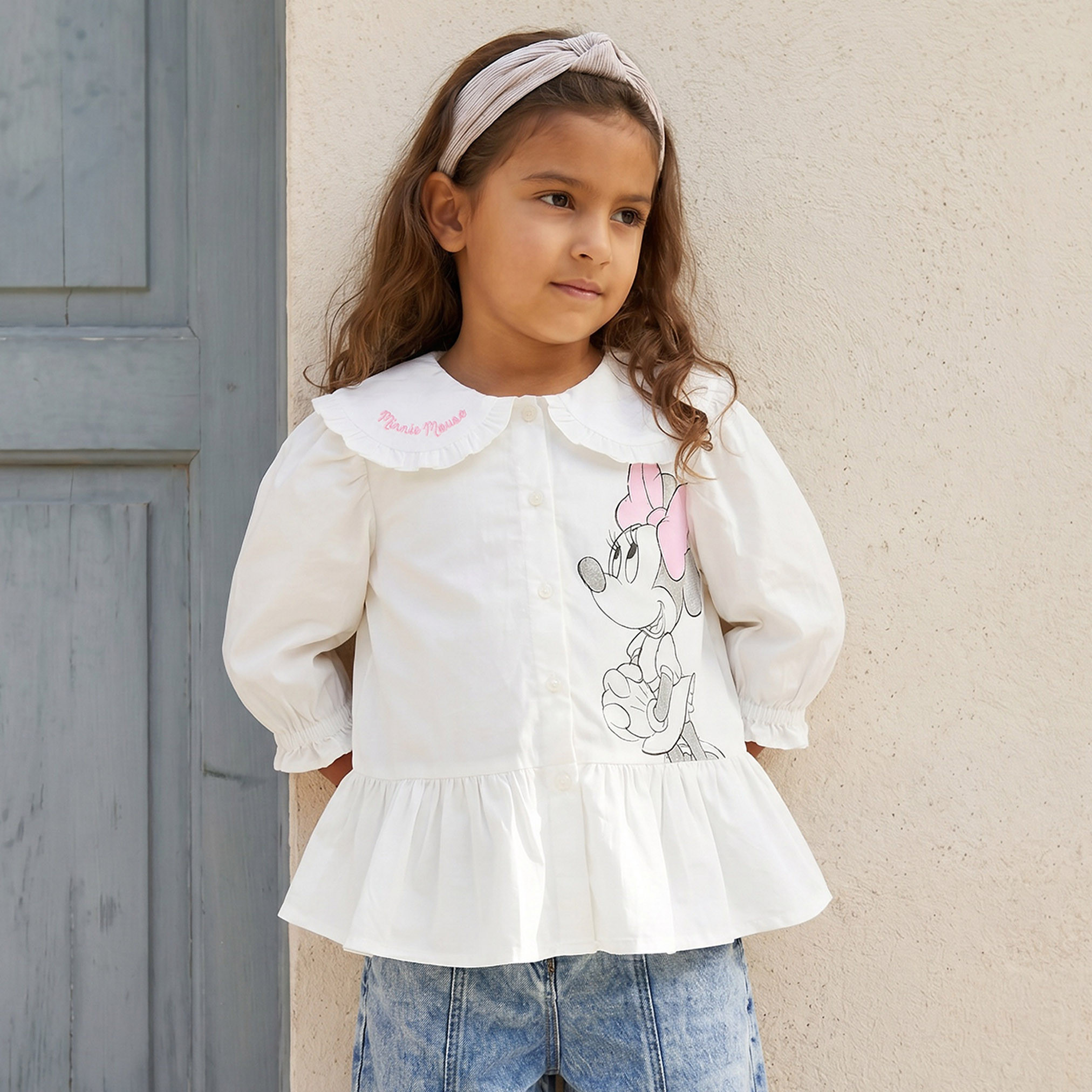 Disney Peter Pan Collar 3/4 Sleeves Peplum Top with Minnie Mouse Print-girls-clothing-blousesandshirts-image-1