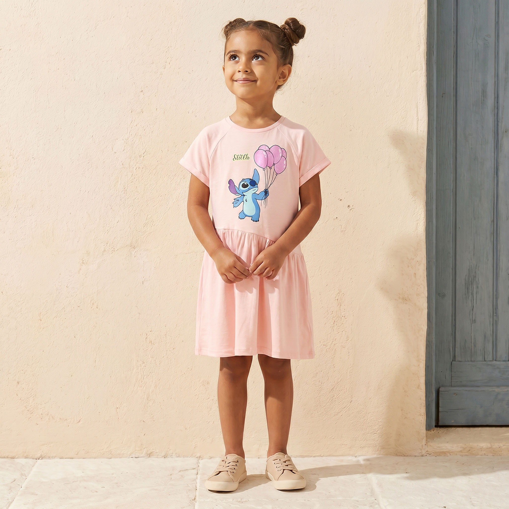 Disney Round Neck Short Sleeves Knee Length A-line Dress with Stitch Print-girls-clothing-dressesandjumpsuits-image-1