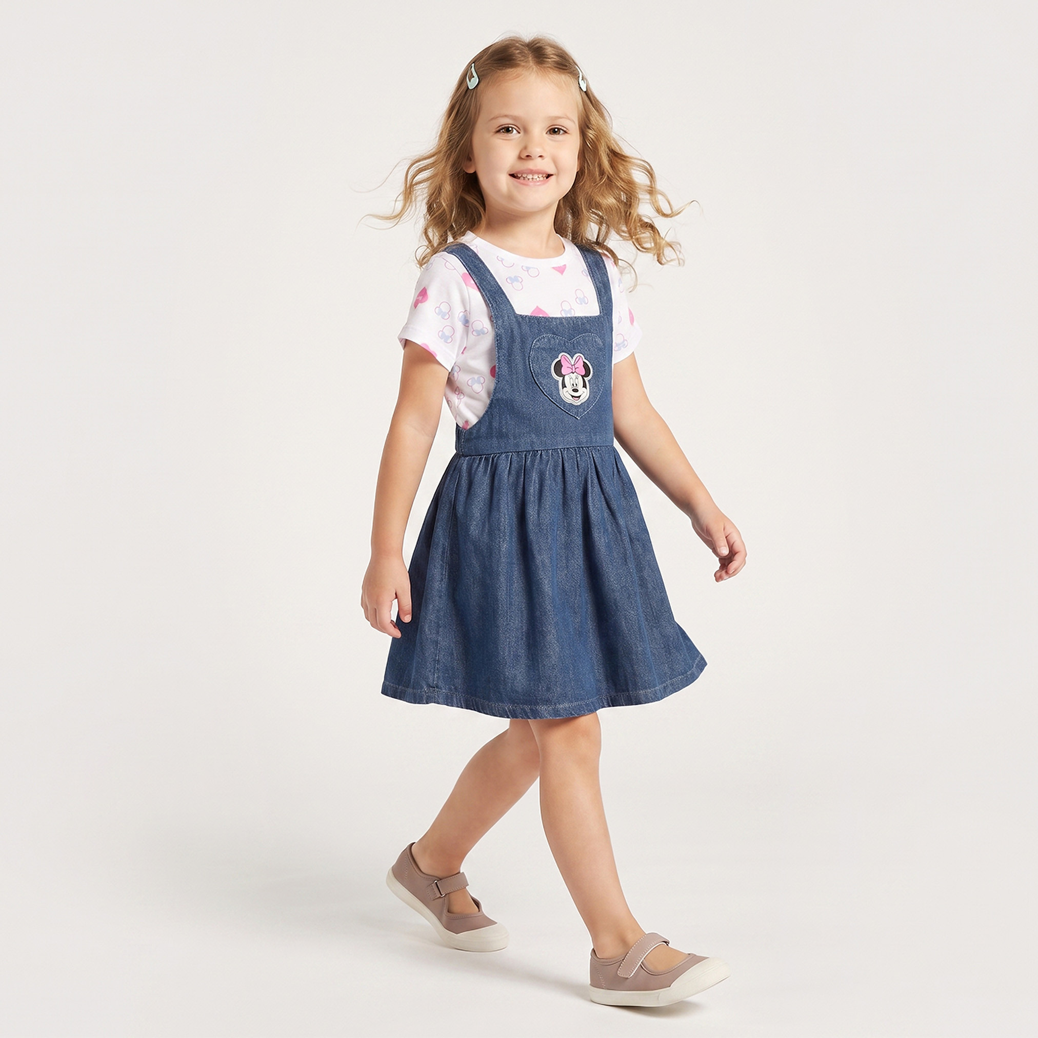 Disney Crew Neck Short Sleeves Knee Length Dungaree Dress with T-shirt-baby-girls-clothing-setsandcoords-image-1
