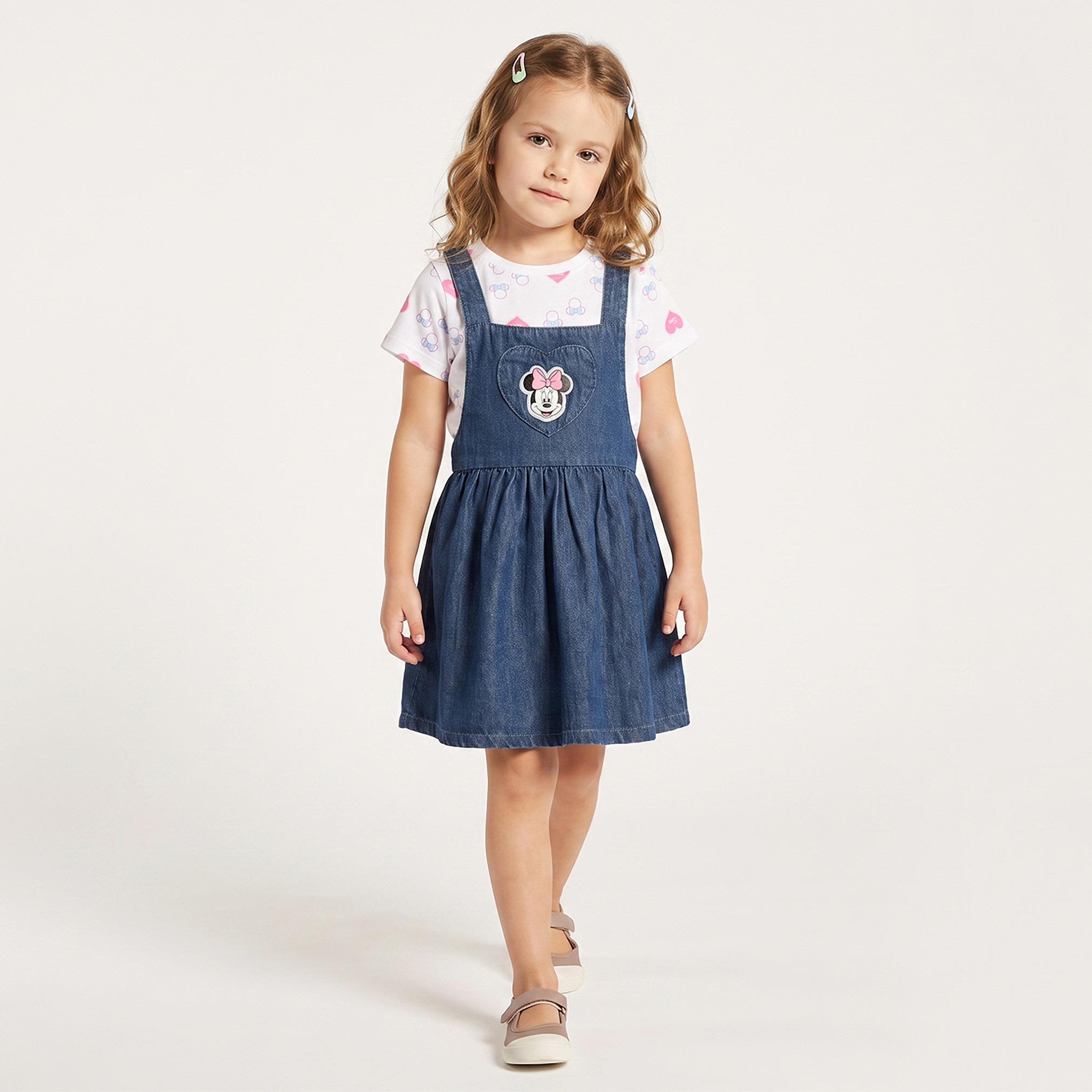 Disney Crew Neck Short Sleeves Knee Length Dungaree Dress with T-shirt-baby-girls-clothing-setsandcoords-image-5