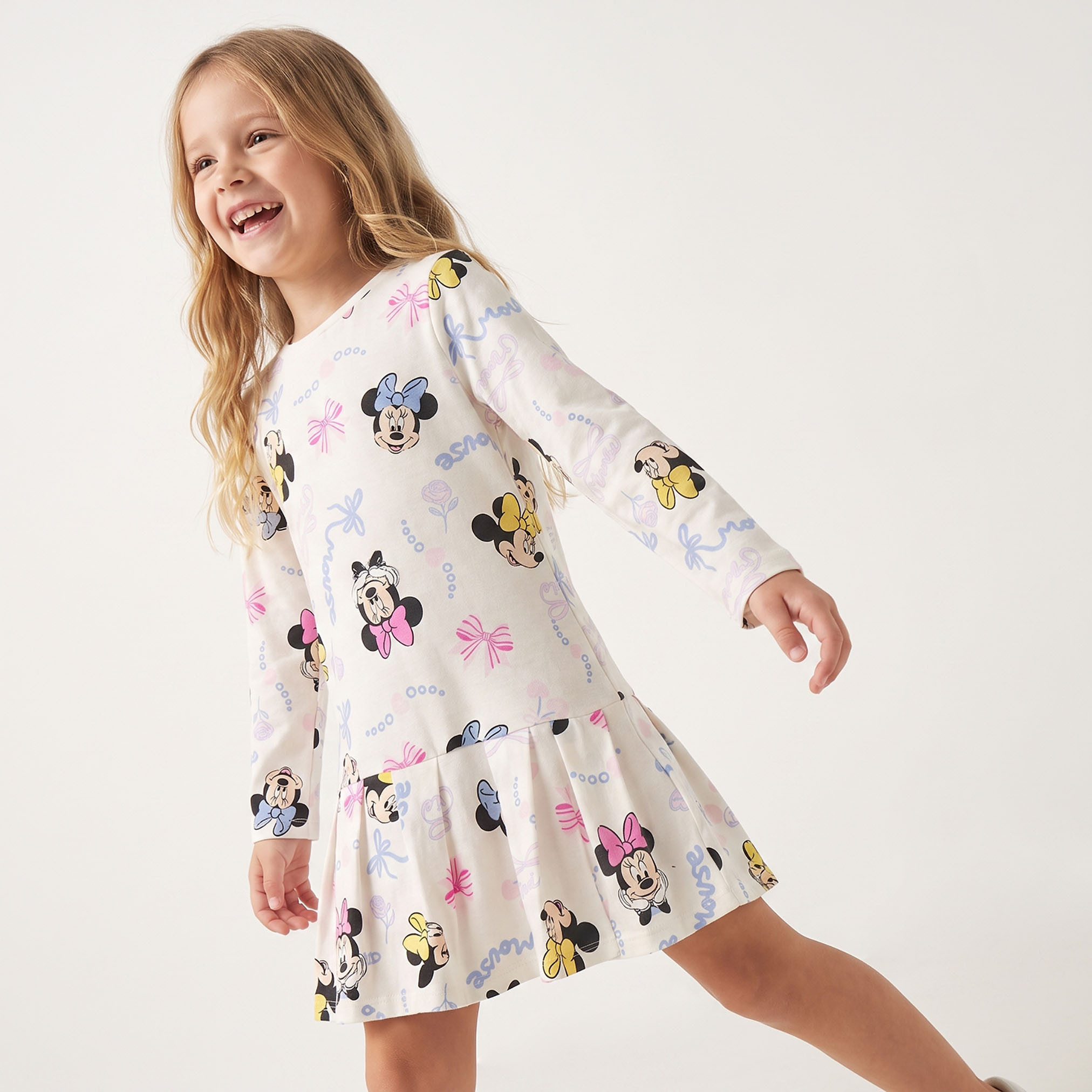 فستان طول الركبة بطبعات ميني ماوس وأكمام طويلة وياقة مستديرة من ديزني-girls-clothing-dressesandjumpsuits-image-1
