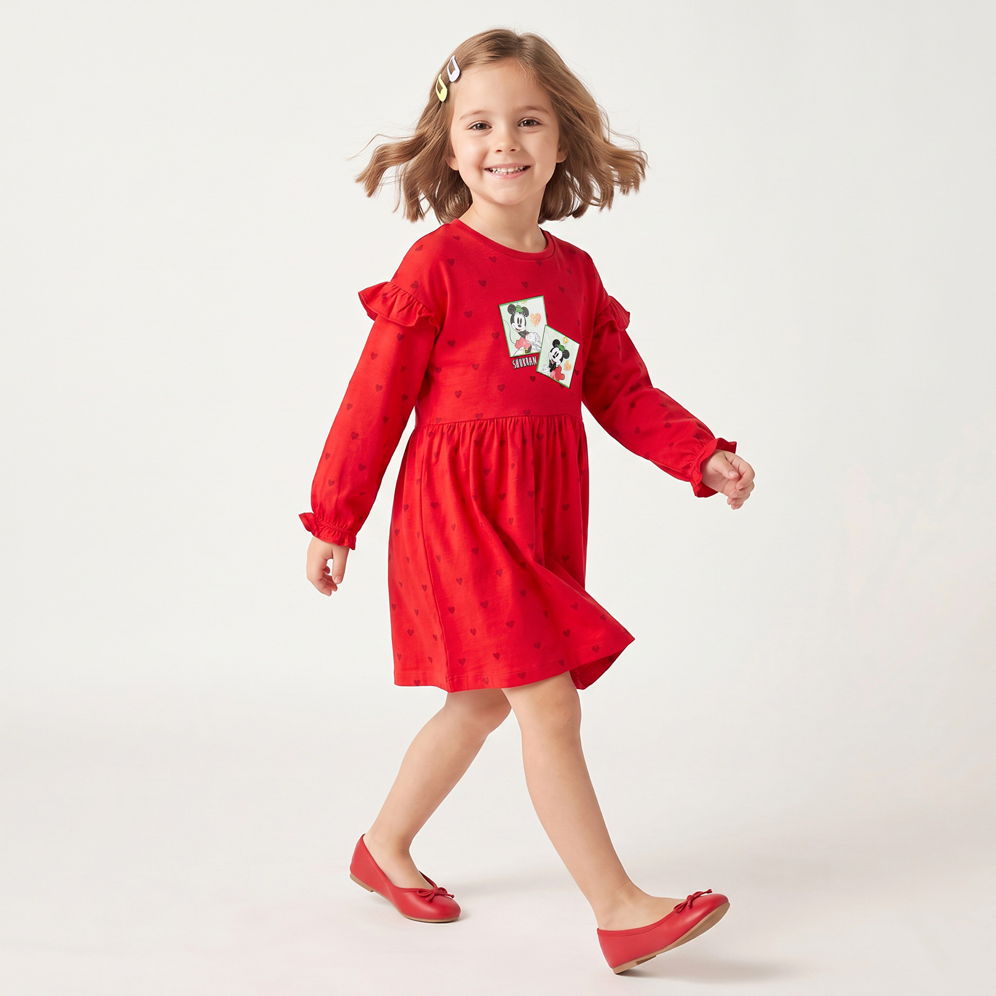 فستان بطول الركبة بياقة مستديرة وأكمام طويلة وطبعات ميني ماوس من ديزني-girls-clothing-dressesandjumpsuits-image-1