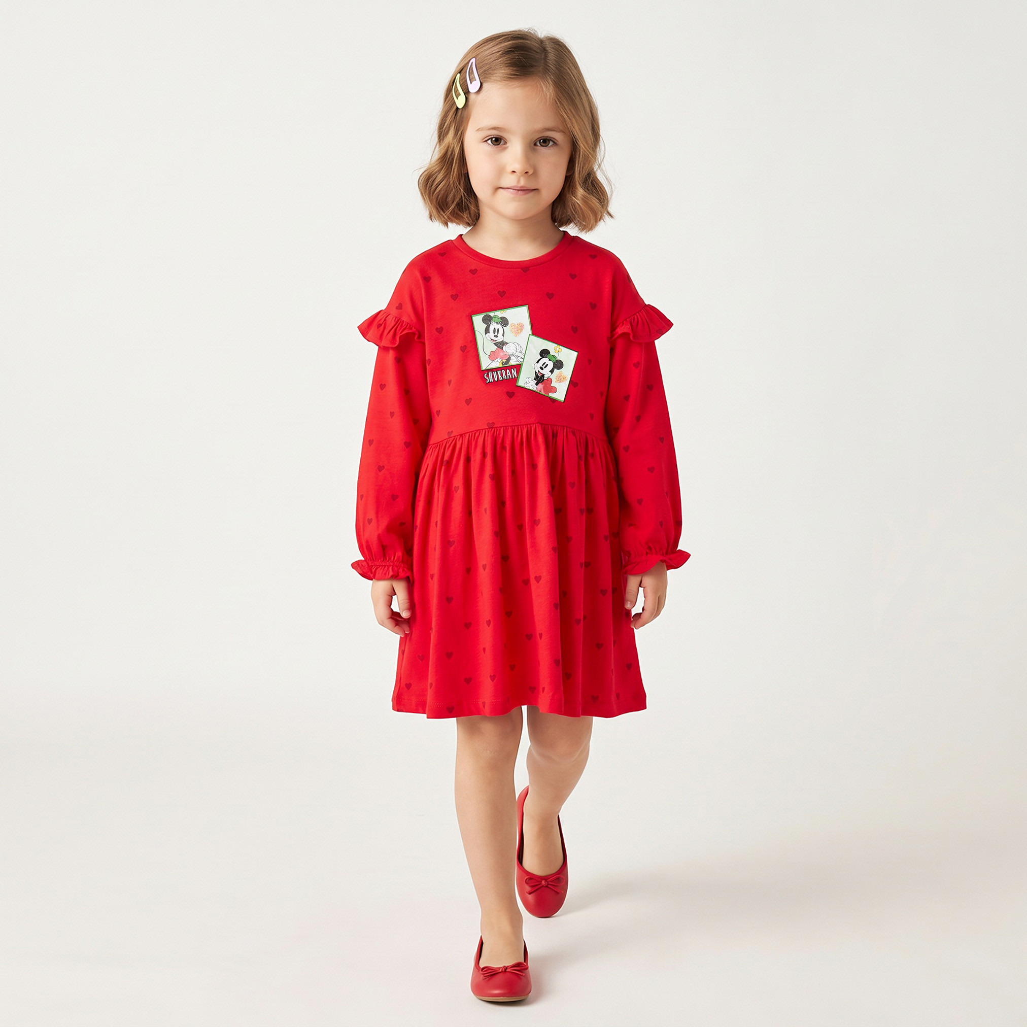 فستان بطول الركبة بياقة مستديرة وأكمام طويلة وطبعات ميني ماوس من ديزني-girls-clothing-dressesandjumpsuits-image-4