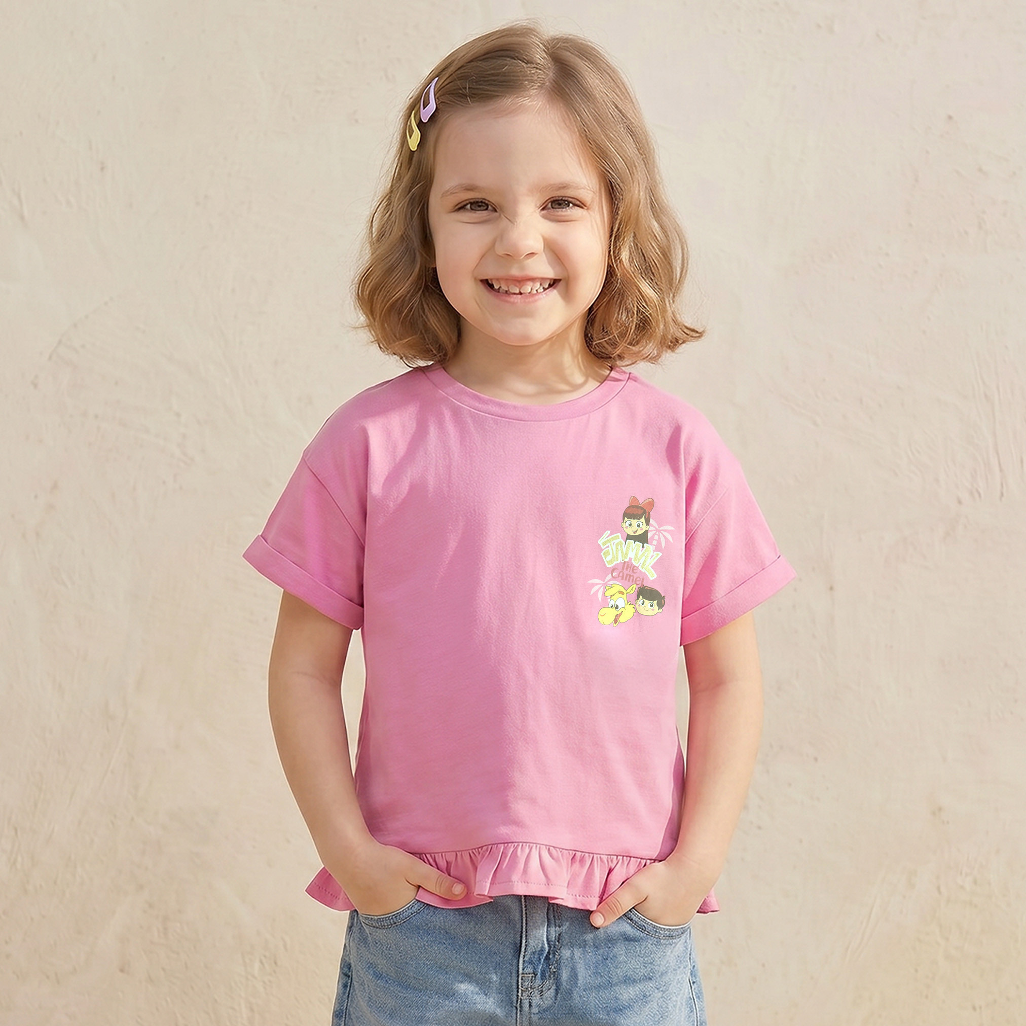 PIXITOON Crew Neck Short Sleeves T-shirt with Jamal The Camel Print-baby-girls-clothing-tshirts-image-1