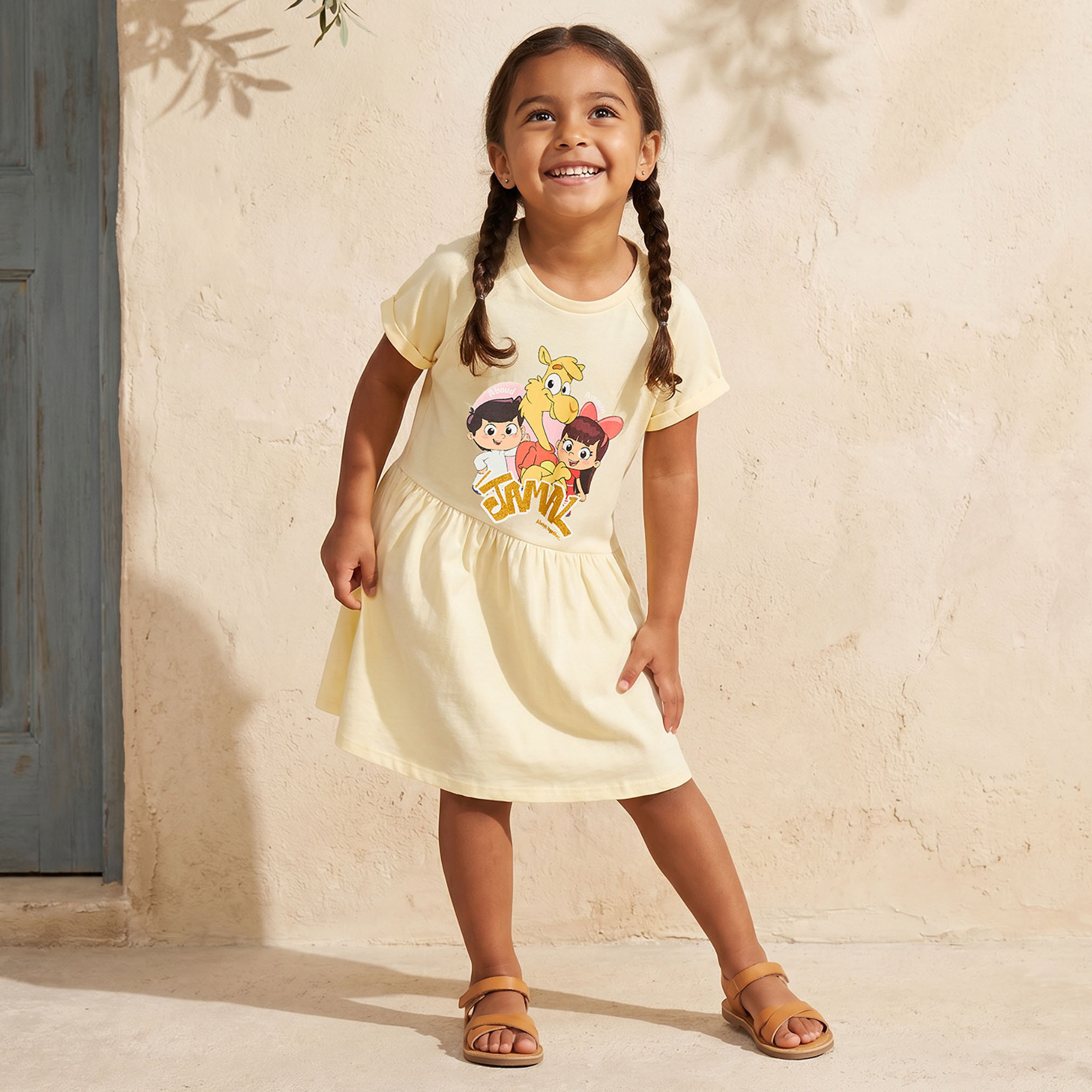 PIXITOON Round Neck Short Sleeves Knee Length A-line dress with Jamal the Camel Print-girls-clothing-dressesandjumpsuits-image-1