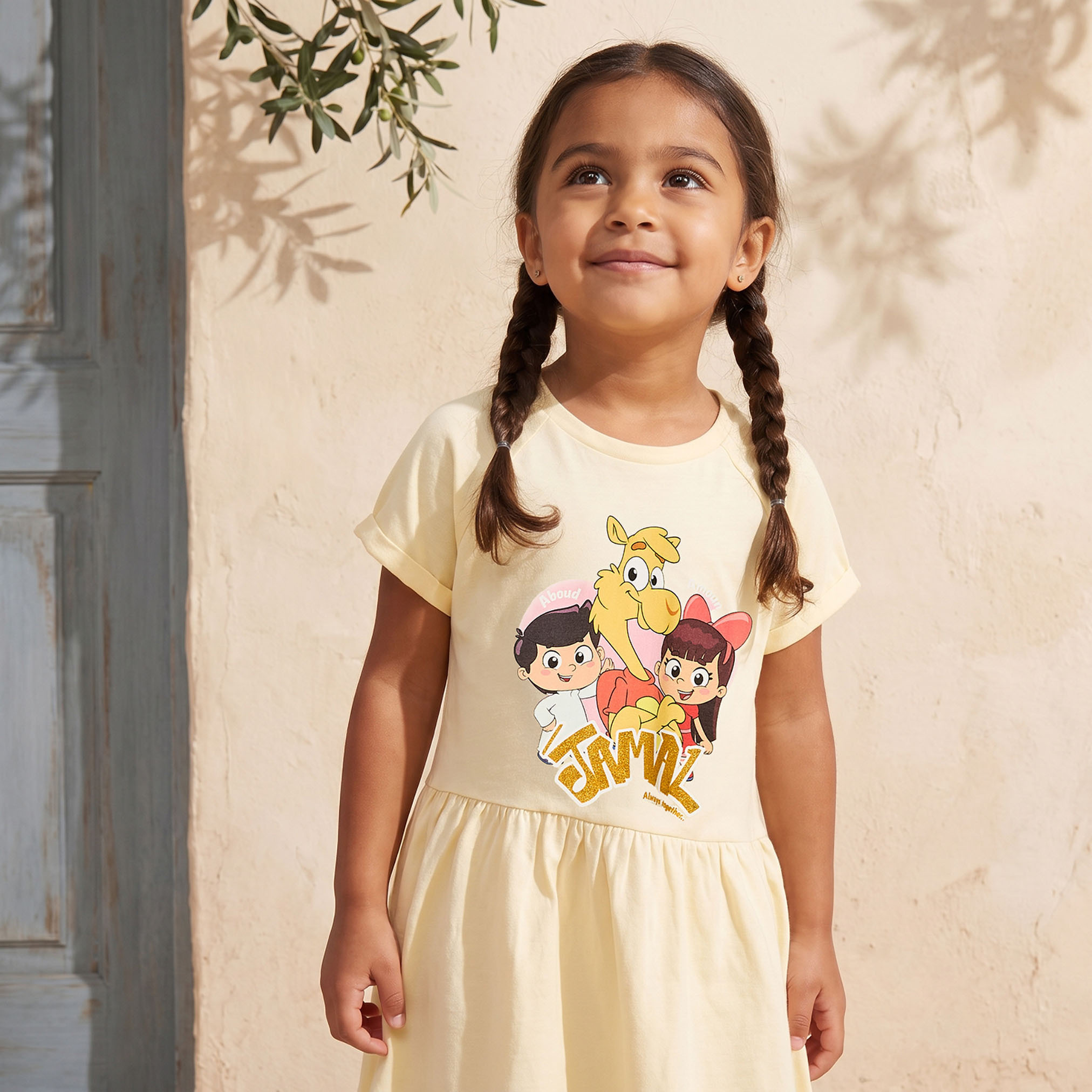 PIXITOON Round Neck Short Sleeves Knee Length A-line dress with Jamal the Camel Print-girls-clothing-dressesandjumpsuits-image-5