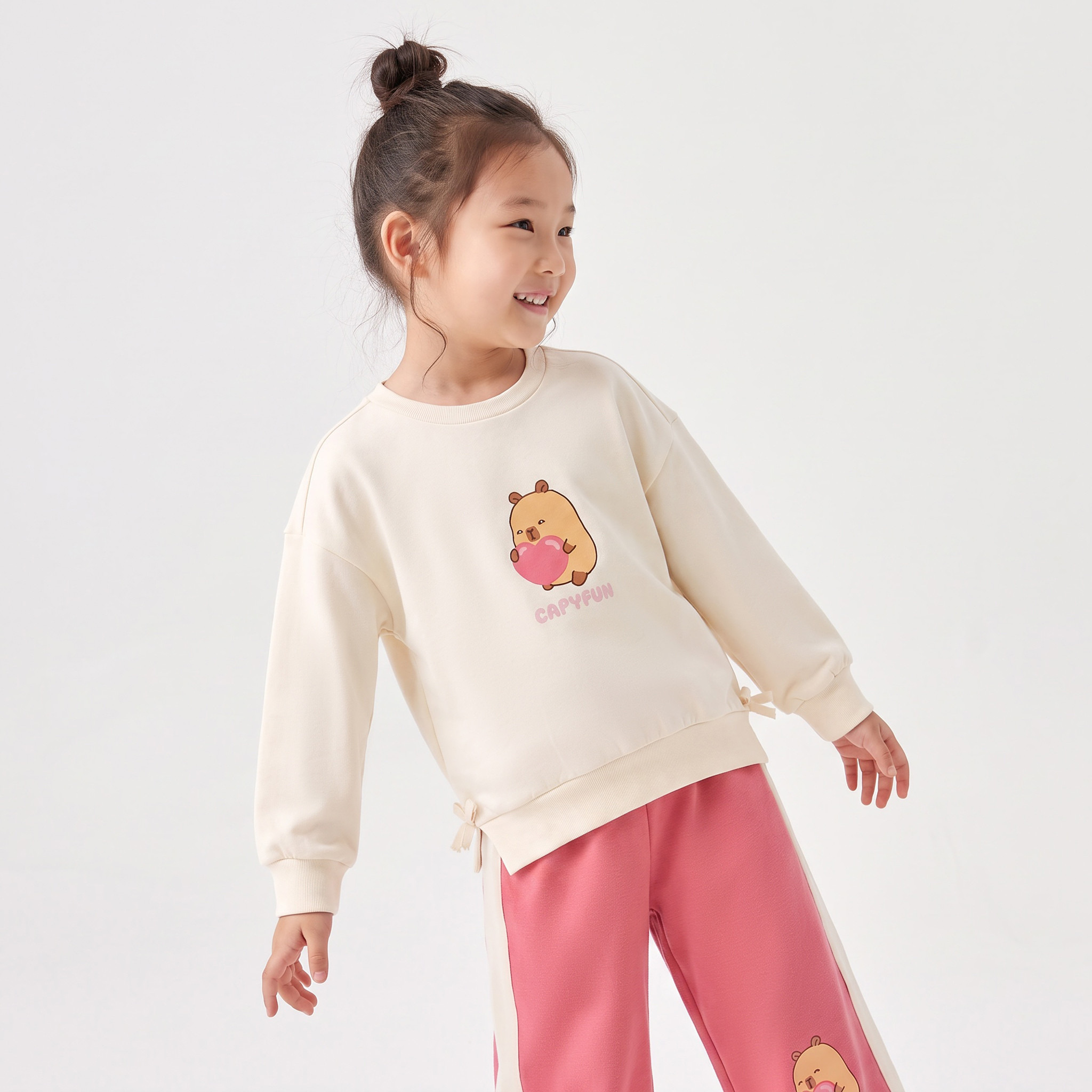 CapyFun Crew Neck Long Sleeves Sweatshirt and Pants Set with Capybara Print-girls-clothing-setsandcoords-image-2