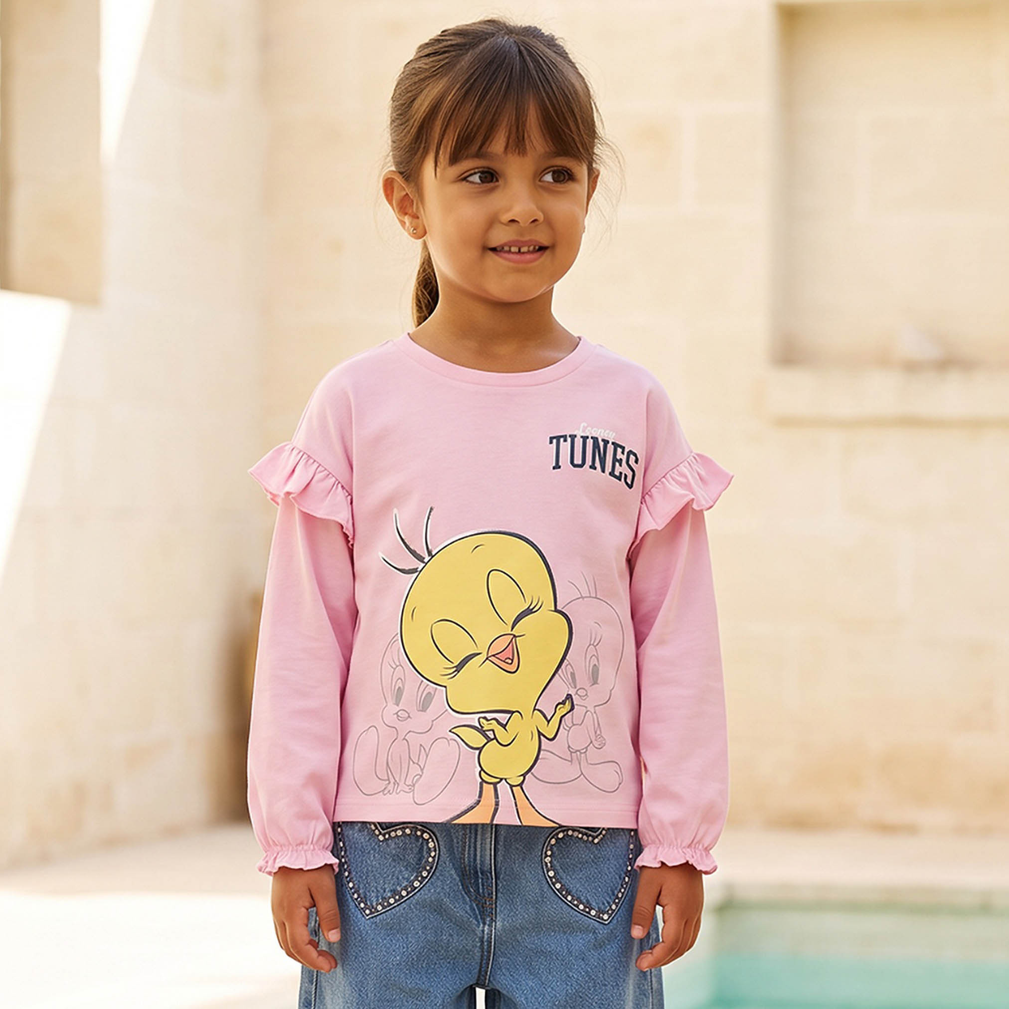 Crew Neck Long Sleeves T-shirt with Tweety Print-girls-clothing-tshirts-image-1