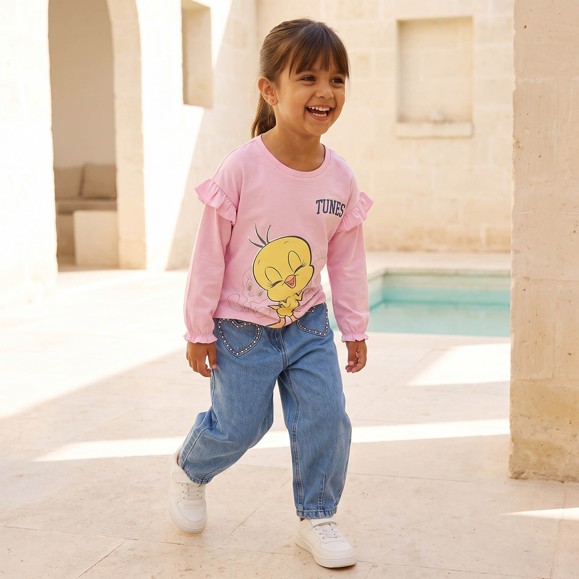 Crew Neck Long Sleeves T-shirt with Tweety Print-girls-clothing-tshirts-image-2