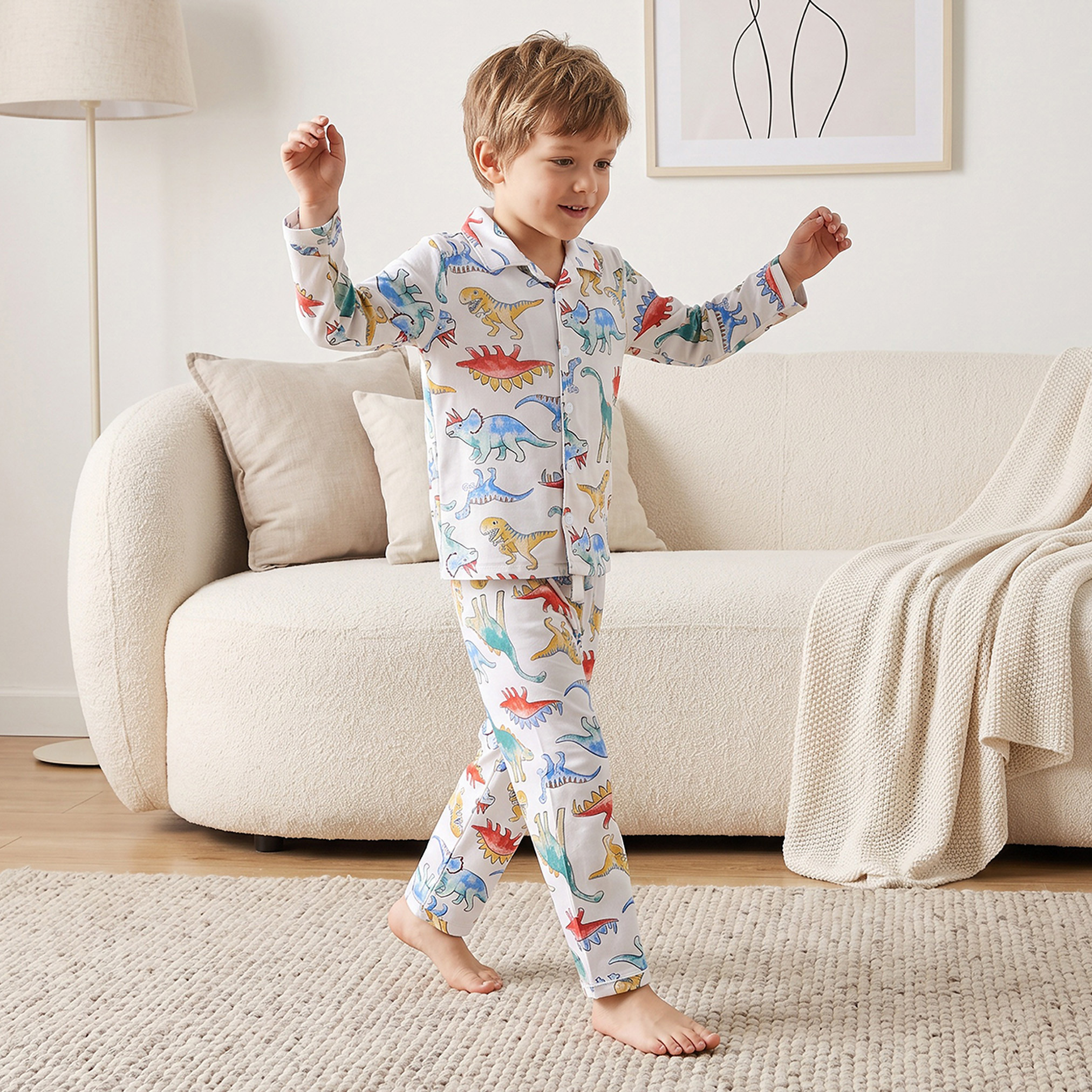 Juniors Cotton Collared Long Sleeves Pyjama Set with Dinosaur Print-boys-clothing-nightwear-image-1