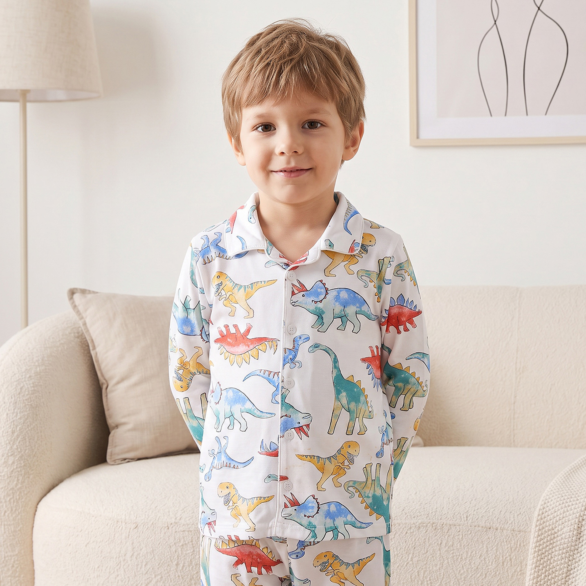 Juniors Cotton Collared Long Sleeves Pyjama Set with Dinosaur Print-boys-clothing-nightwear-image-2
